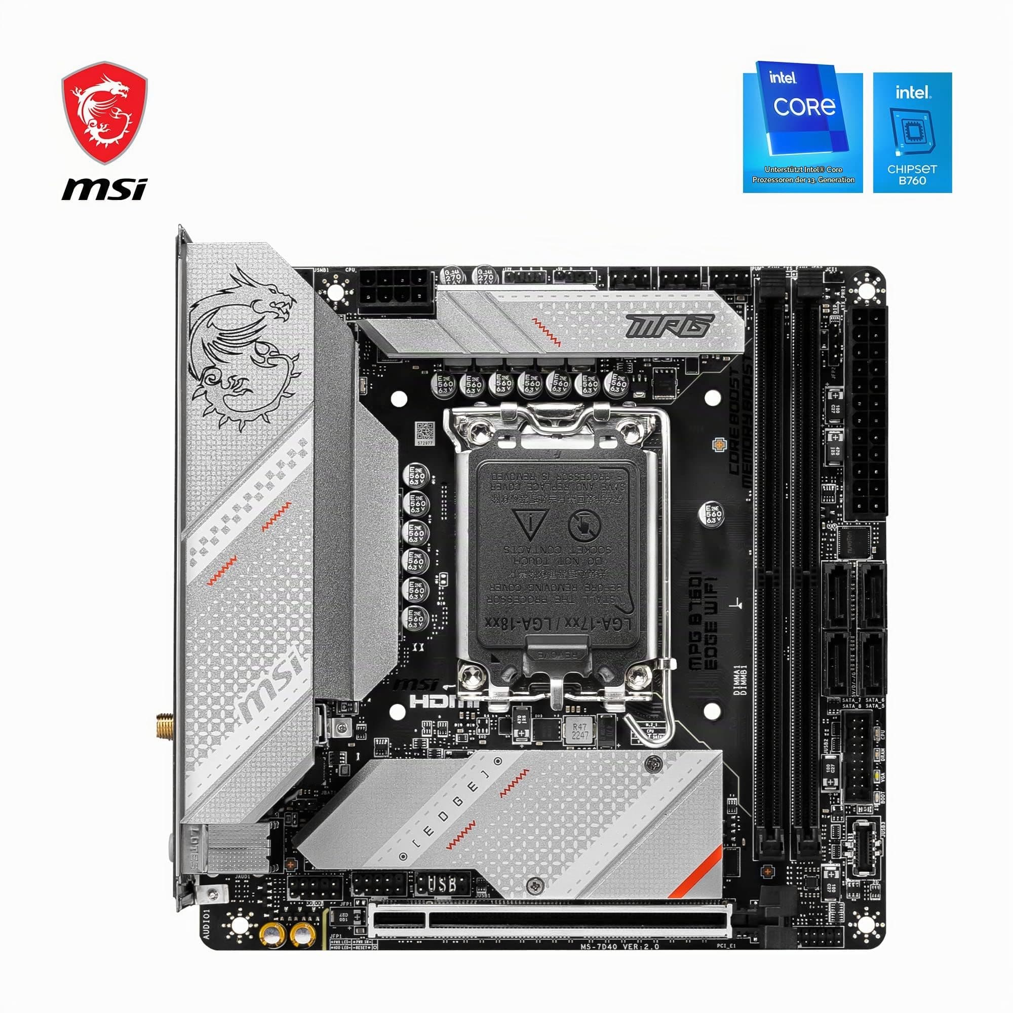 MSI MPG B760I Edge WiFi Mainboard, Mini-ITX - Für Intel Core Prozessoren der 12., 13. & 14. Gen, LGA 1700-8 Direct 90A VRM, DDR5 Memory Boost 7200+MHz/OC, PCIe 5.0 x16, 2 x M.2 Gen4, Wi-Fi 6E Mini-ITX DDR5 MPG B760I EDGE WIFI Bild 3