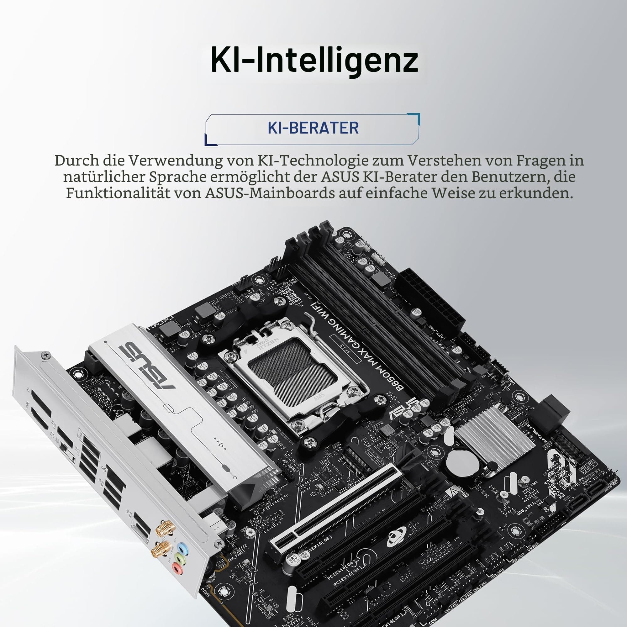 ASUS B850M MAX Gaming Mainboard Sockel AMD AM5 (mATX, DDR5, PCIe 5.0, 3X M.2, WiFi 6, BIOS Flashback, Aura Sync, Q-LED Core) Bild 5