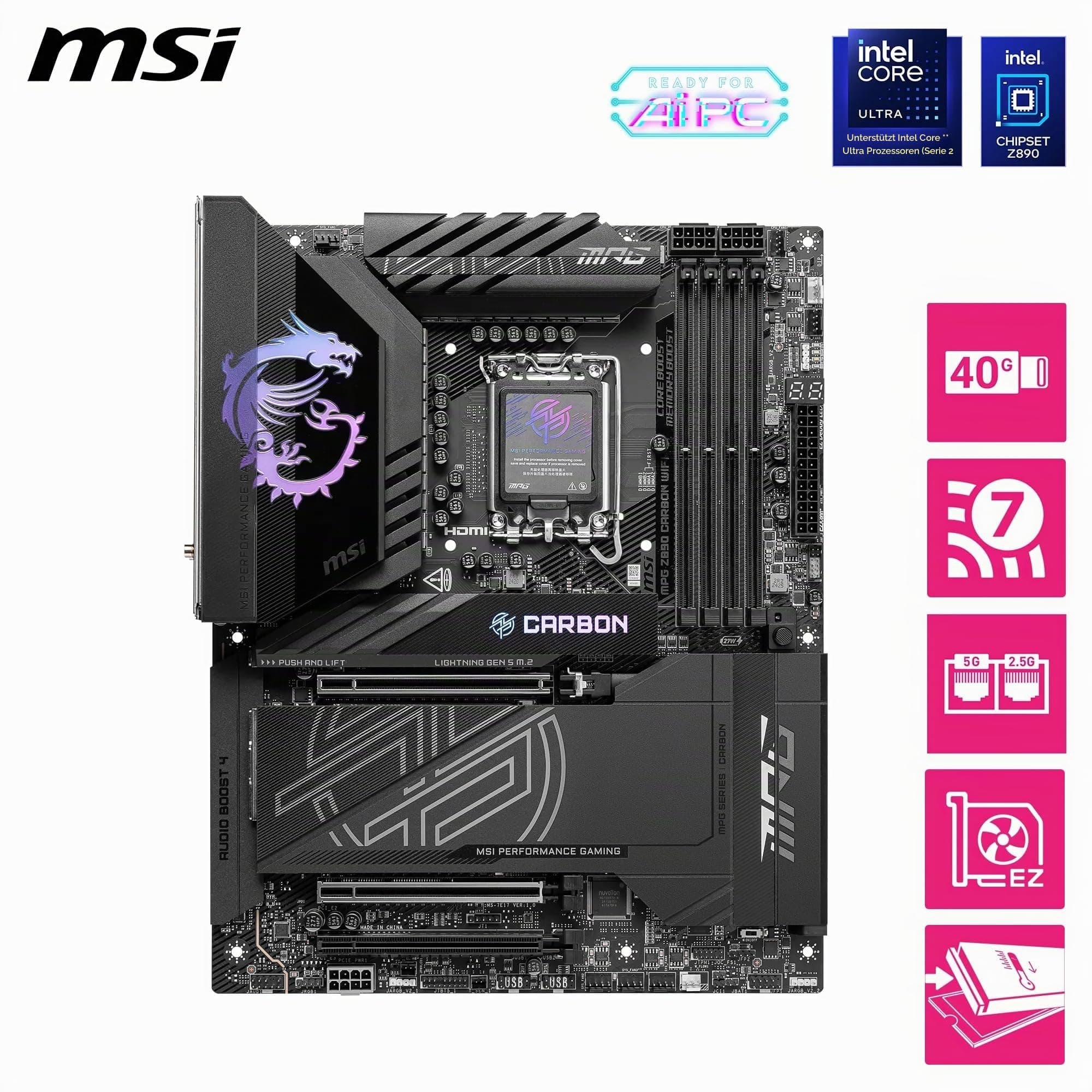 MSI MPG Z890 Carbon WiFi Mainboard, ATX - Unterstützt Intel Core Ultra Prozessoren (Series 2), LGA 1851-110A SPS VRM, DDR5 Memory Boost 9200+ MT/s (OC), PCIe 5.0 x16 & 4.0 x16, M.2 Gen5, Wi-Fi 7 Bild 3
