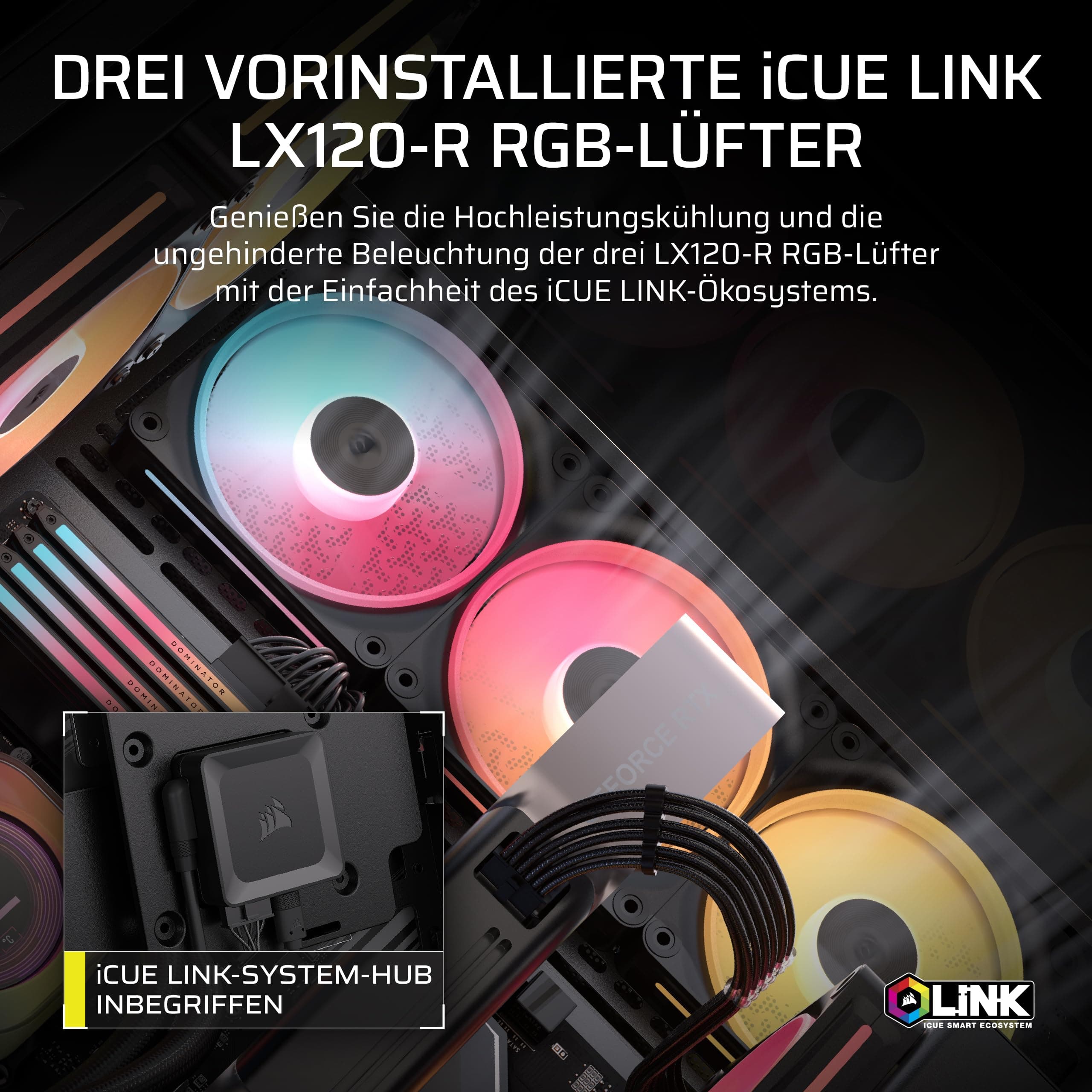 CORSAIR 3500X LX-R RGB iCUE LINK Panoramaglas Mid-Tower-PC-Gehäuse – 3 x LX120-R RGB-Lüfter und iCUE LINK System Hub Inklusive, GPU-Anti-Sag-Arm, Platz für bis zu 10 x 120-mm-Lüfter – Schwarz Bild 6