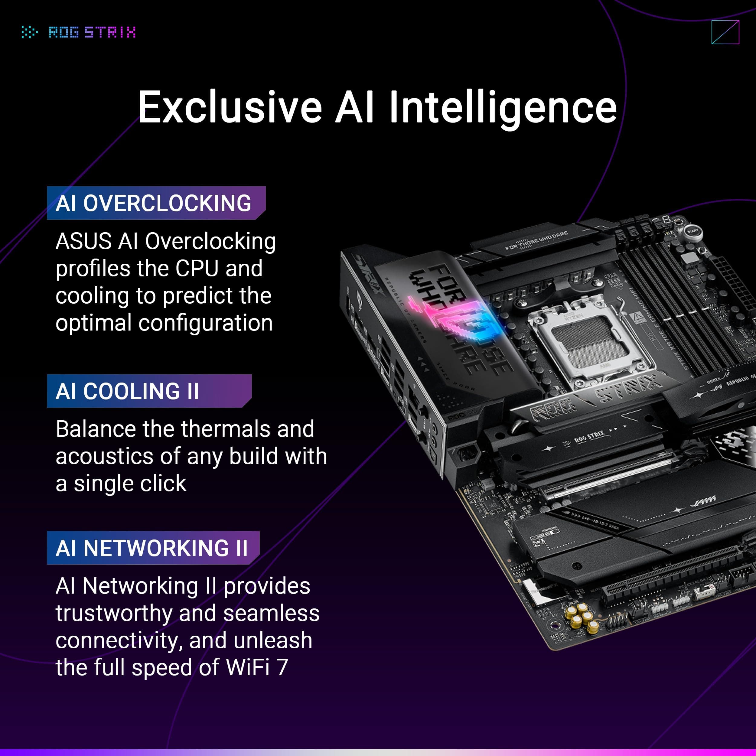 ASUS ROG Strix X870E-E Gaming WiFi AMD AM5 X870 ATX Motherboard 18+2+2 Leistungsstufen, Dynamic OC Switcher, Core Flex, DDR5 AEMP, WiFi 7, 5X M.2, PCIe® 5.0, Q-Release Slim, USB4®, AI OCing & ROG X870E-E|WIFI 7 Bild 3