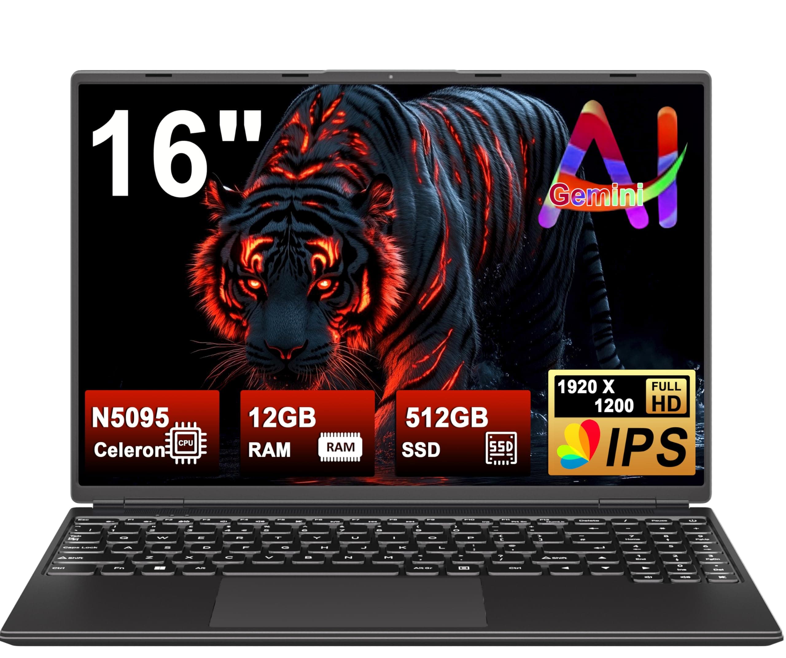 Gaming Laptop 16 Zoll Win11 12+512GB SSD Unterstützung 2TB(HDD-2TB) 1920x1200 Notebook 4-Core Celeron N5095 (bis 2.9GHz) Laptop mit Nummerntastatur WiFi Mini HDMI Deutscher Tastaturschutz-Schwarz N00-Schwarz