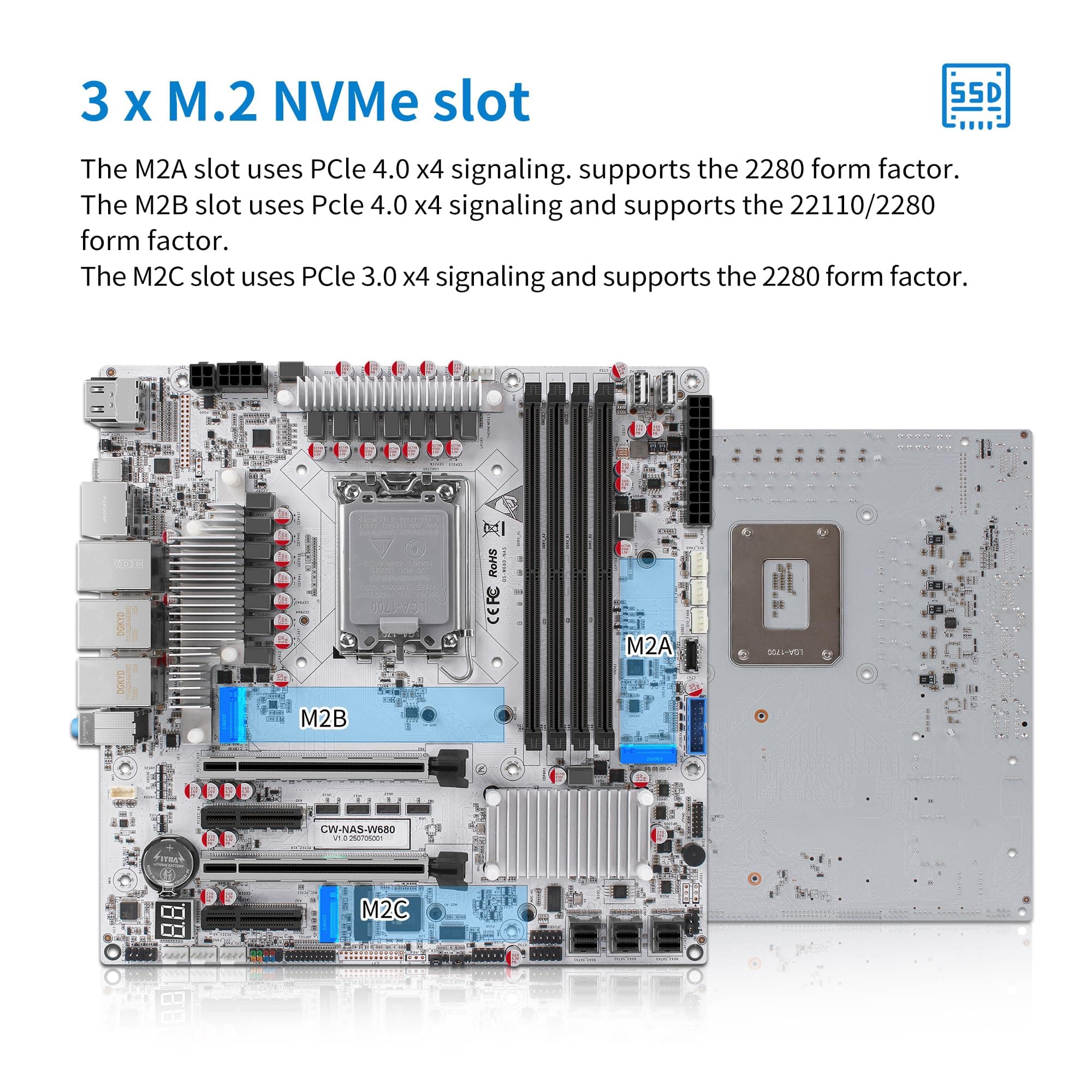 CWWK W680 NAS Motherboard Micro ATX 12 Bay, LGA 1700 mATX Weiß PC Mainboard mit 10GbE&2 * 2.5GbE LAN, 4 x DDR5 Desktop RAM (ECC), 3 x NVMe, PCIe5.0 x16, vPro (3X 4-SATA Cable) Bild 6