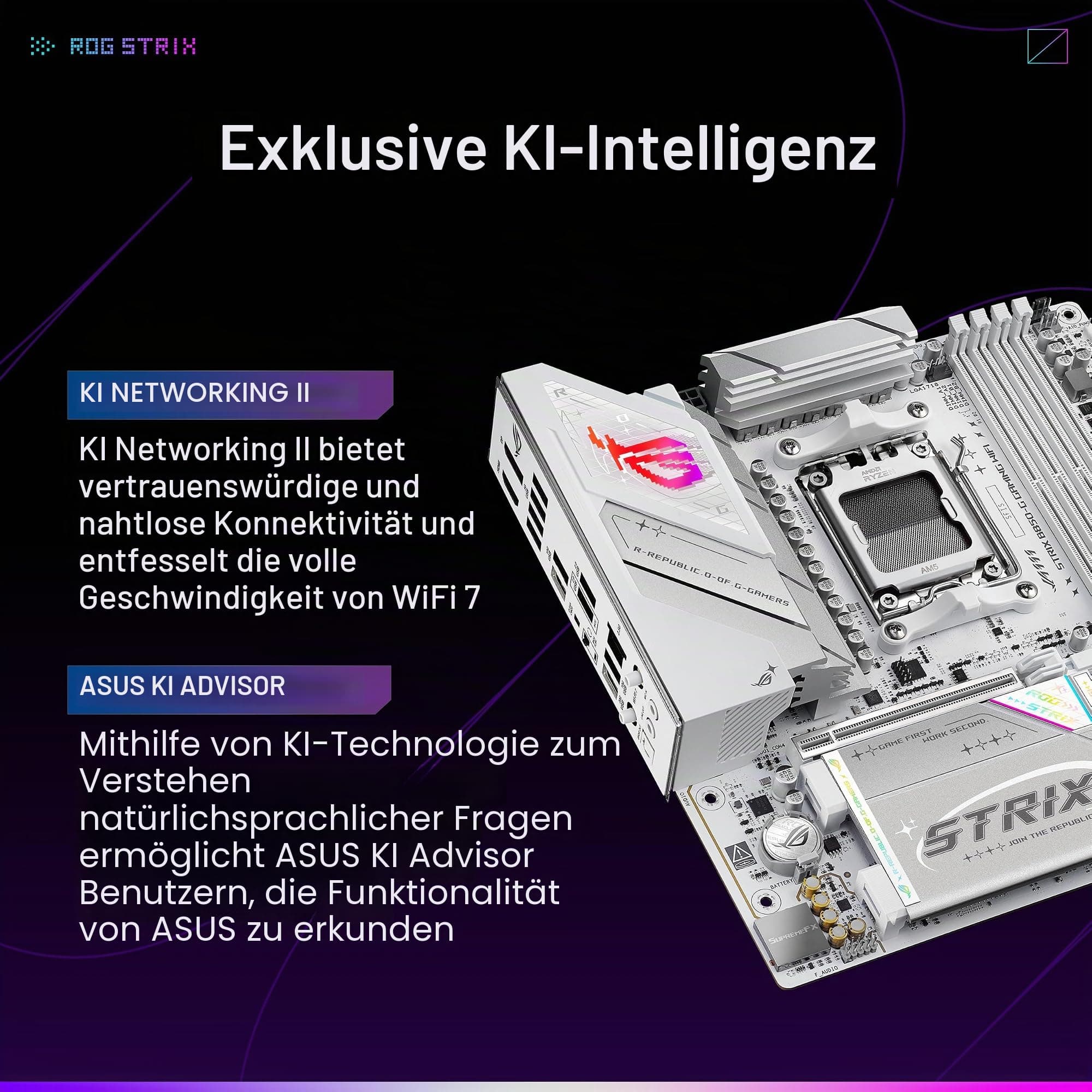 ASUS ROG Strix B850-G Gaming WiFi AMD AM5 B850 mATX Motherboard, Advanced AI PC Ready, 14+2+1 Power Stages, DDR5 Slots, 4X M.2 Slots, PCIe® 5.0 Ready, WiFi 7, 2.5G LAN, USB 20Gbps Type-C®, AI Advisor Bild 3