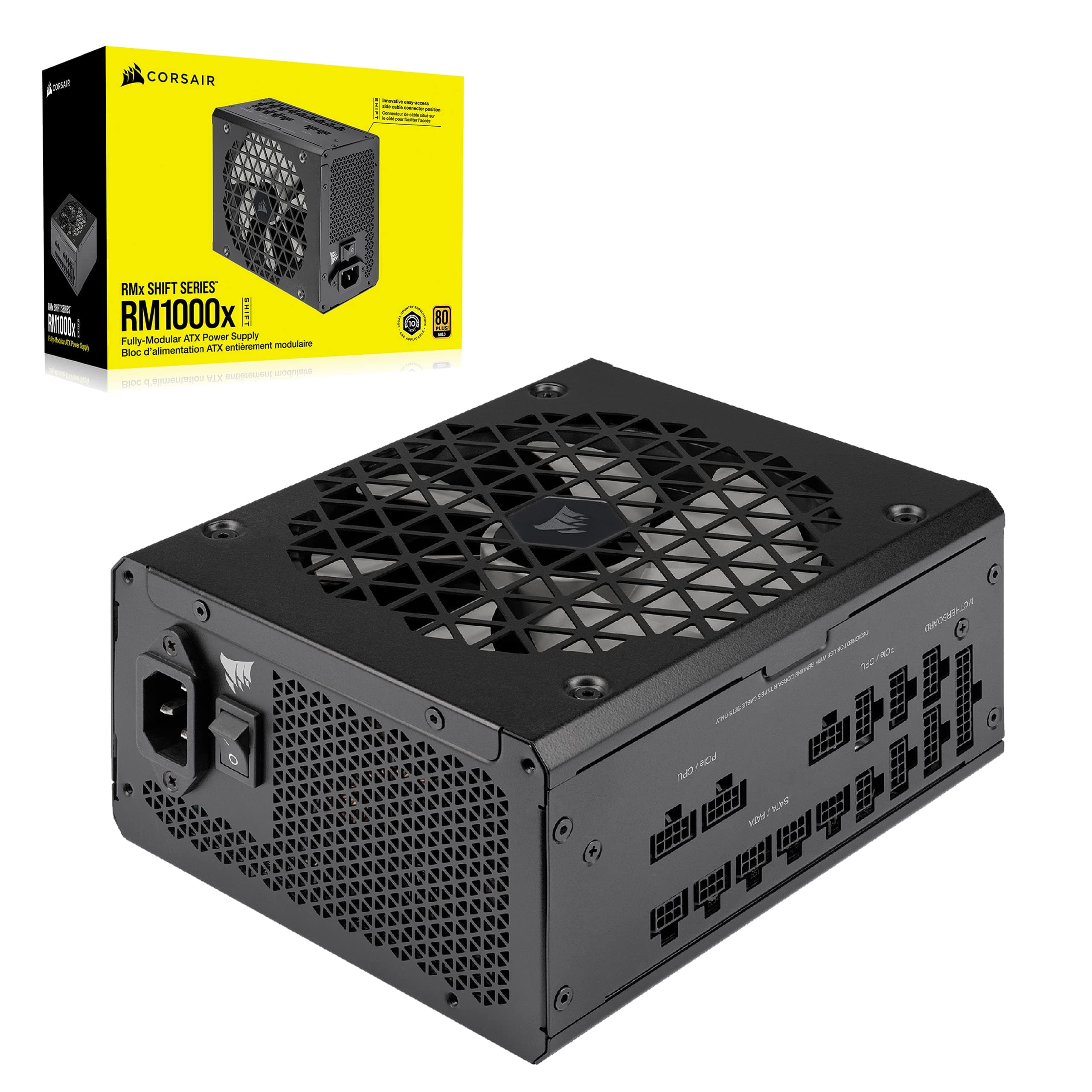 Corsair RM1000x Shift, Vollmodulares ATX-Netzteil, Modulare Seitenschnittstelle, ATX 3.1 & PCIe 5.1-kompatibel, Null-Drehzahl-Lüftermodus, 105°C-Kondensatoren, 80 Plus Gold-Effizienz, Schwarz 1000 Watts Schwarz