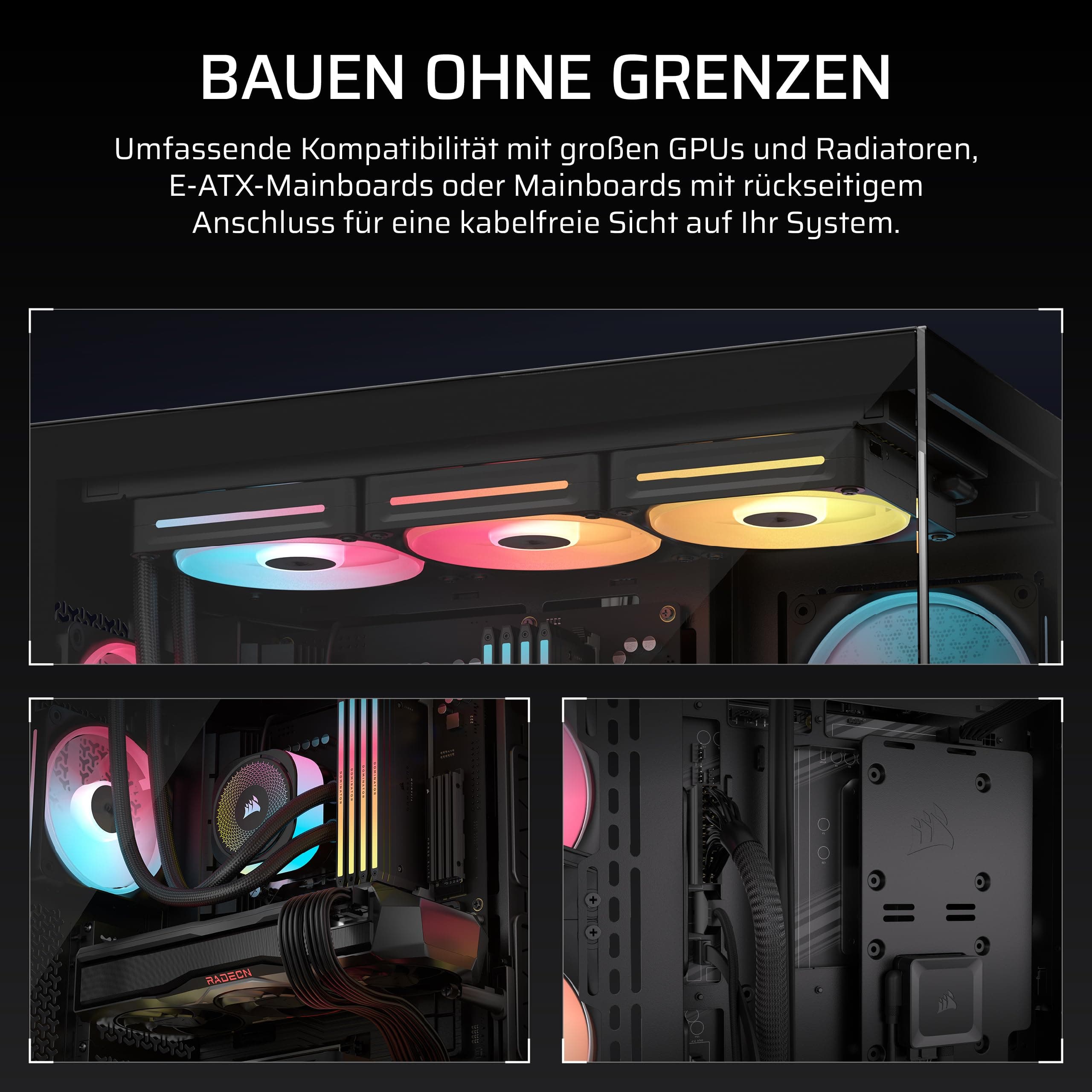 CORSAIR 3500X LX-R RGB iCUE LINK Panoramaglas Mid-Tower-PC-Gehäuse – 3 x LX120-R RGB-Lüfter und iCUE LINK System Hub Inklusive, GPU-Anti-Sag-Arm, Platz für bis zu 10 x 120-mm-Lüfter – Schwarz Bild 8