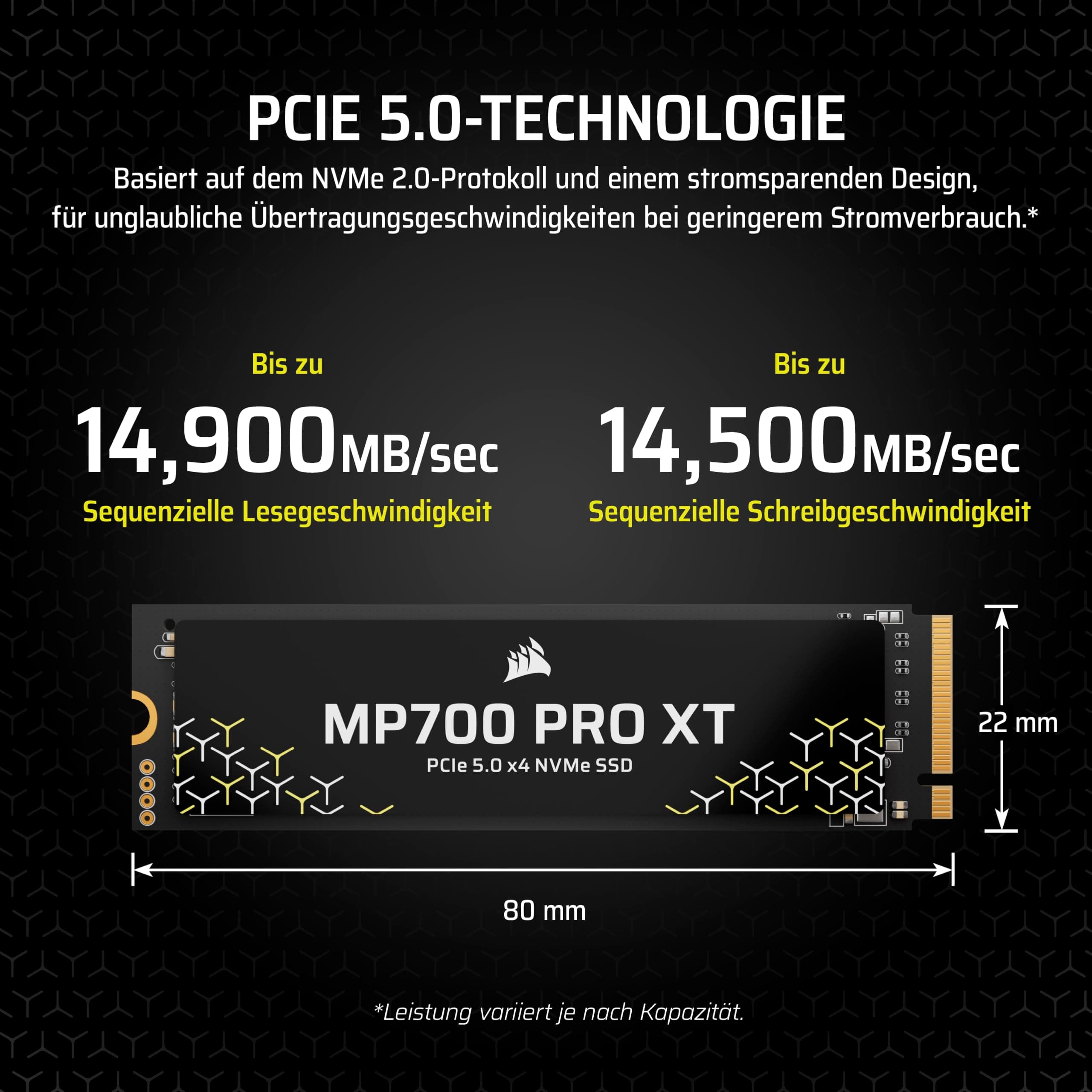 Corsair MP700 PRO XT 2TB PCIe 5.0 NVMe M.2 SSD – Bis zu 14.900 MB/s, Gen5-Geschwindigkeit, DirectStorage Ready für Gaming-PCs – Schwarz Bild 5
