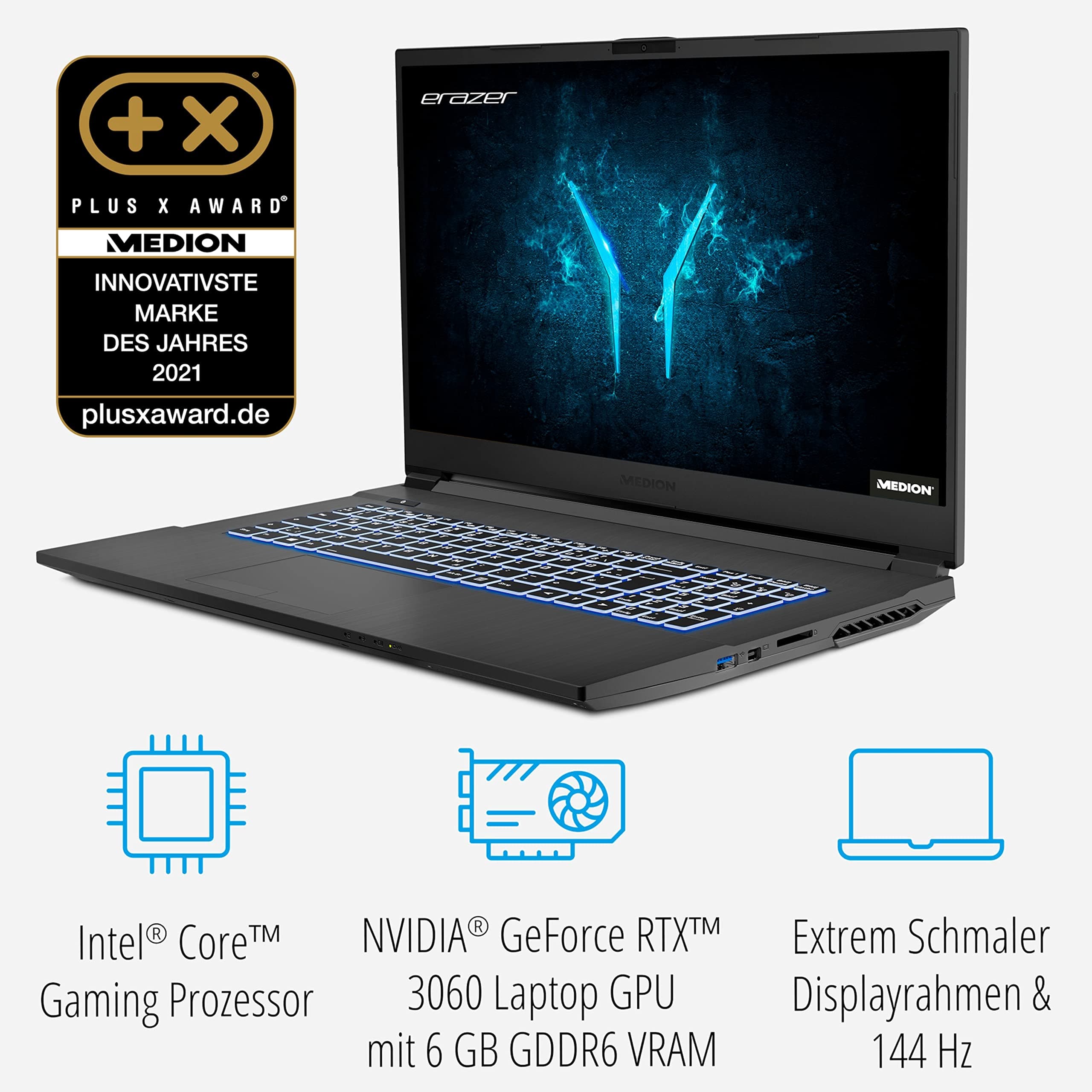 MEDION ERAZER Defender P10 43,9 cm (17,3 Zoll 144Hz) Full HD Gaming Notebook (Intel Core i7-10750H, 16GB DDR4 RAM, 512GB PCIe SSD, 1TB HDD, NVIDIA GeForce RTX 3060 6GB GDDR6, Win 11 Home) Bild 3