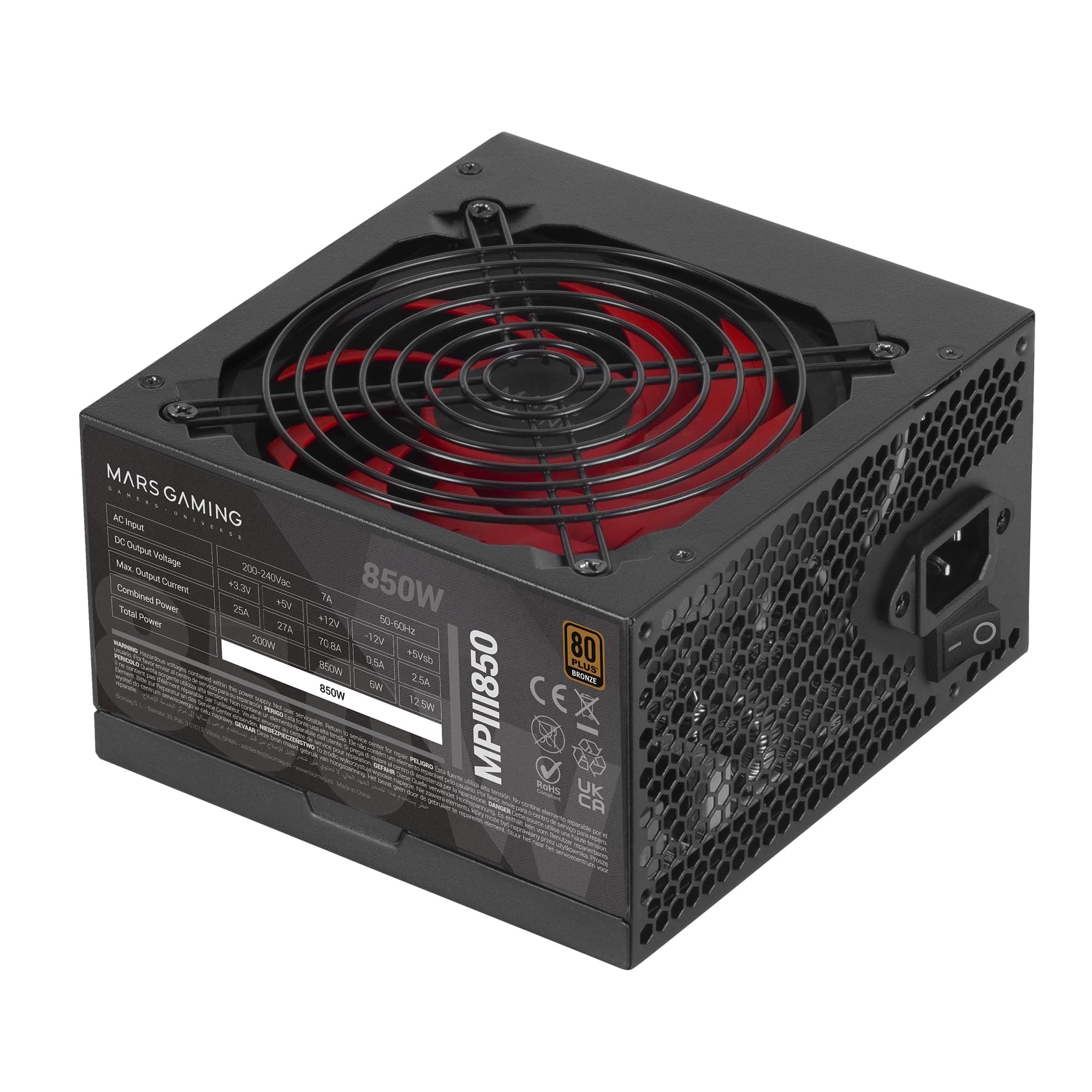Mars Gaming MPIII850, PC-Netzteil ATX 850W, 5 Jahre Garantie, 85% Effizienz, Digitales APFC-System, 120 mm FDB-Lüfter mit AI-RPM, DC und SMD-Technologie, Extra Lange Flachkabel, Schwarz Bild 2