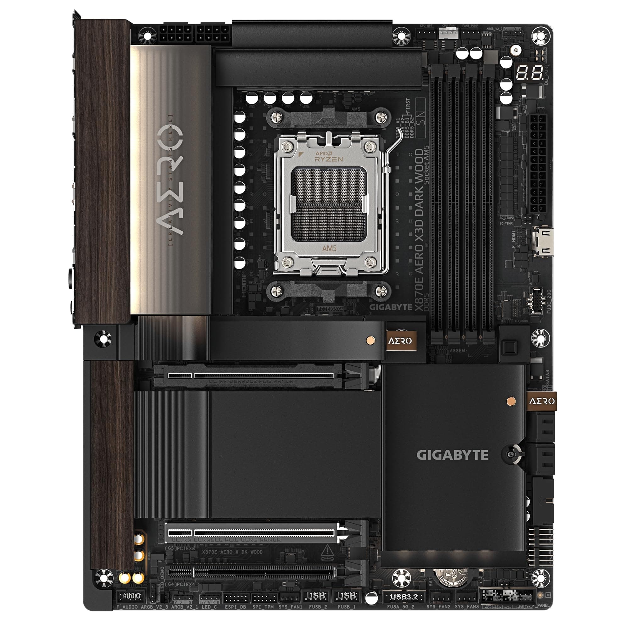 GIGABYTE X870E AERO X3D Dark Wood Mainboard – Unterstützt AMD Ryzen 9000 CPUs, digitales 16+2+2-Phasen-VRM, bis zu 9000 Hz DDR5 (OC), 2× PCIe 5.0 + 2× PCIe 4.0, Wi-Fi 7, 5-GbE-LAN, USB 4 Bild 3