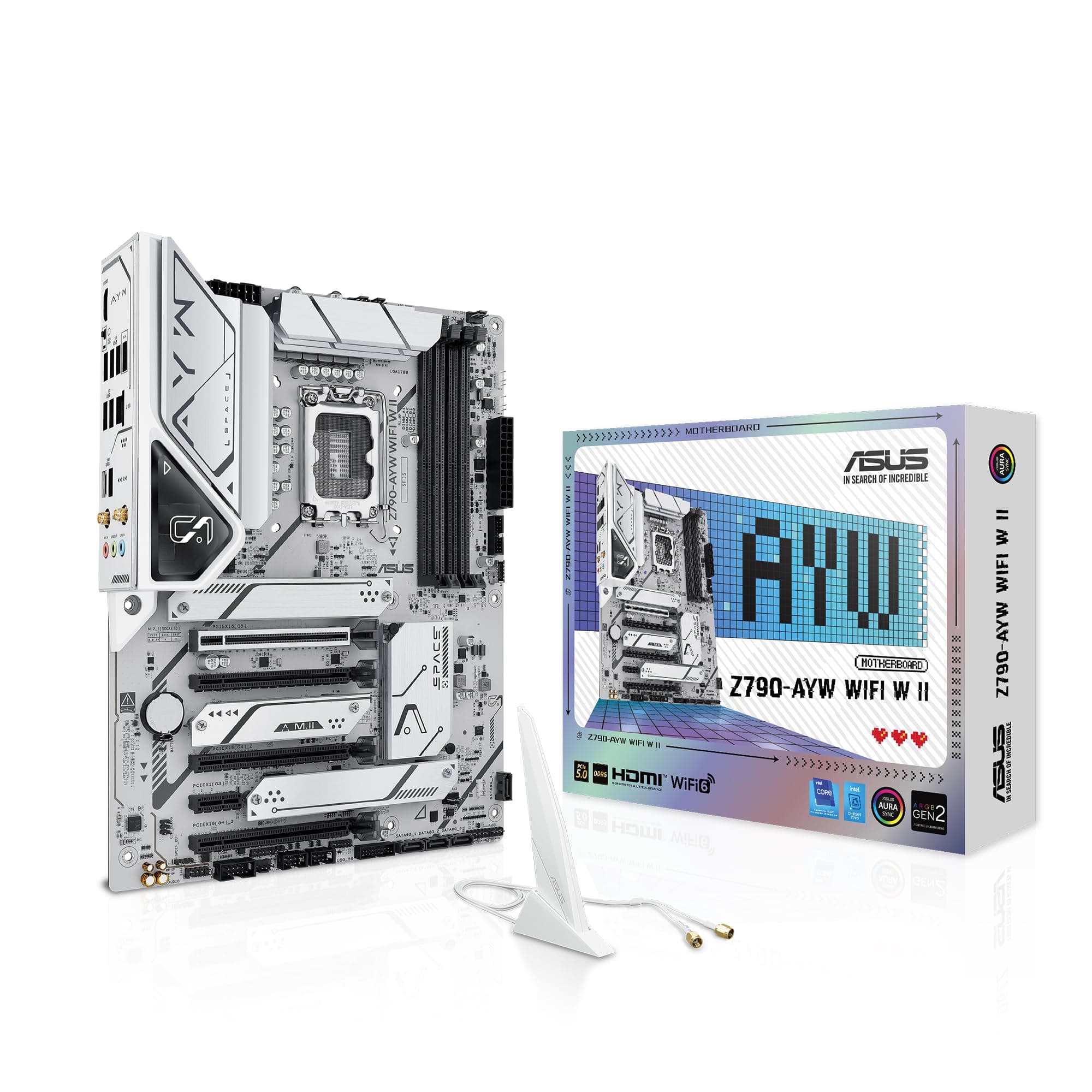 ASUS Z790-AYW WiFi W II Intel Z790 (LGA 1700) ATX Motherboard mit PCIe® 5.0, 3X M.2, 12+1 DrMOS, DDR5, WiFi 6, 2.5Gb LAN, HDMI, USB 10Gbps Type-C®, USB 10Gbps Type-C®, Thunderbolt™, USB4®, Aura Sync Bild 2