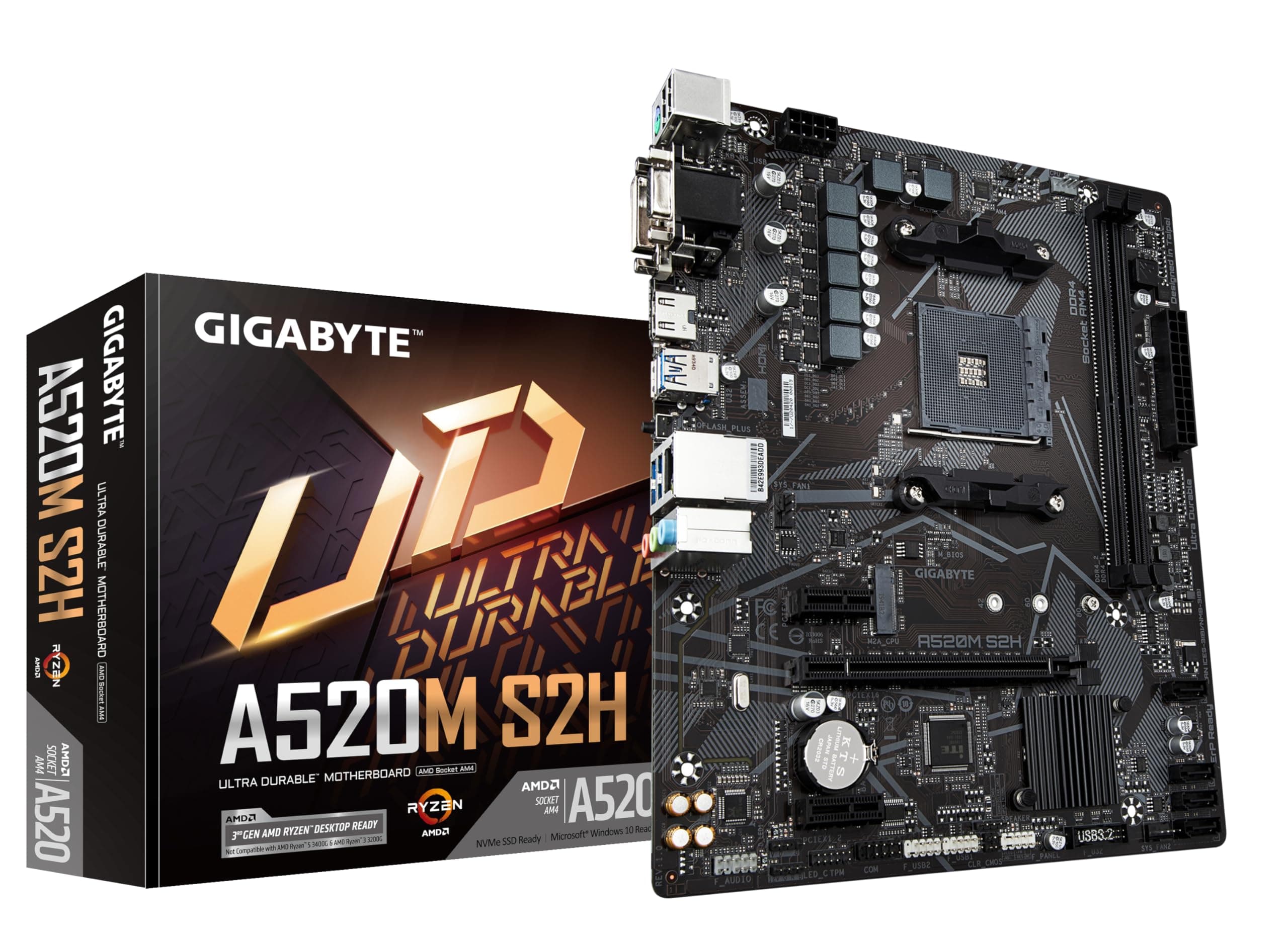 GIGABYTE A520M S2H Mainboard - Unterstützt AMD Ryzen 5000 Serie AM4 CPUs, 4+3 Phasen reines digitales VRM, bis zu 5100MHz DDR4 (OC), PCIe 3.0 x4 M.2, GbE LAN, USB 3.2 Gen 1 Bild 2