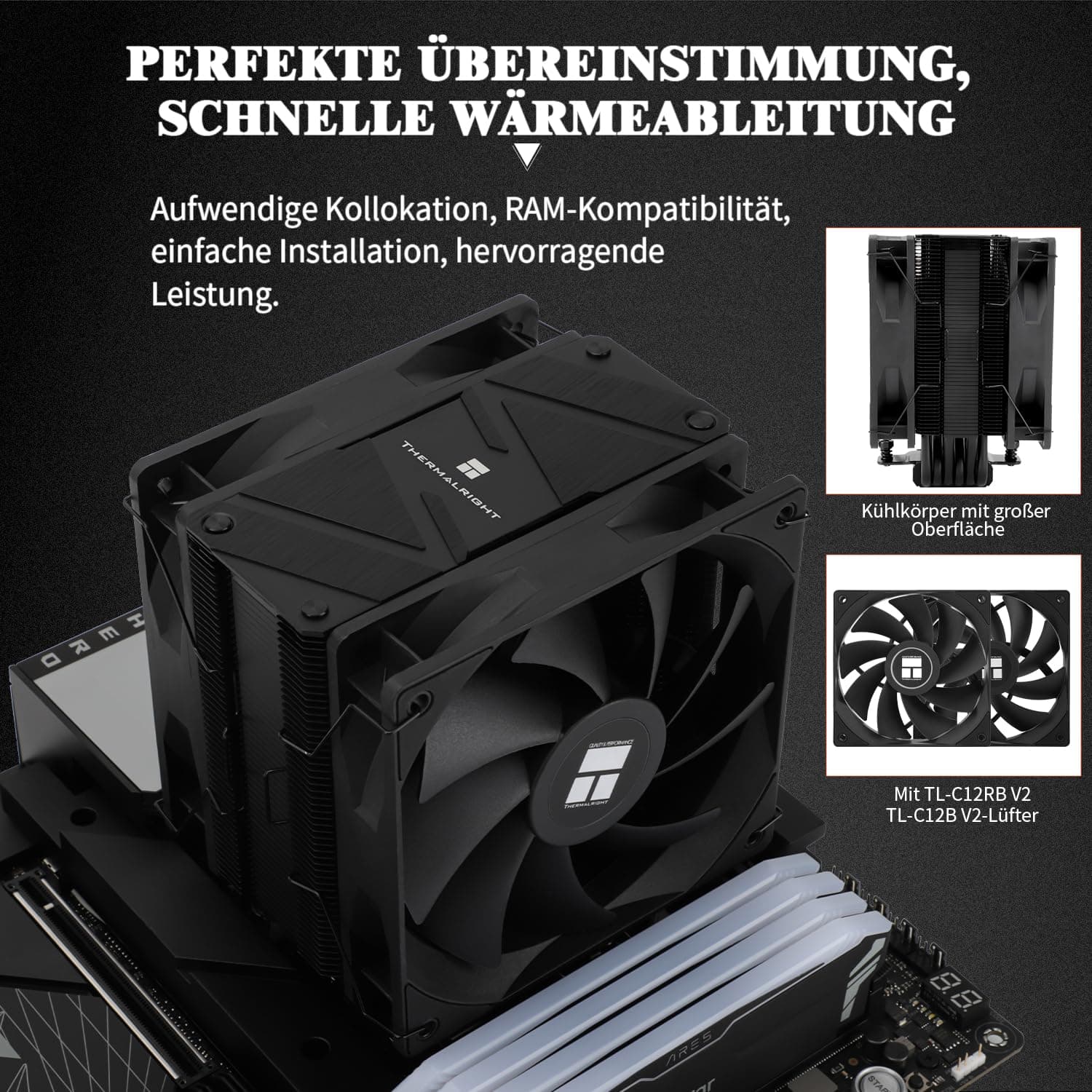 TR Burst Assassin 120 EVO DARK CPU Luftkühler Oberseite schwarz gebürstet, 6 Heatpipes mit leisem PWM Lüfter, CPU-Kühler, für AM4 AM5 / Intel 1851/1700/1150/1151/1200, Bild 7
