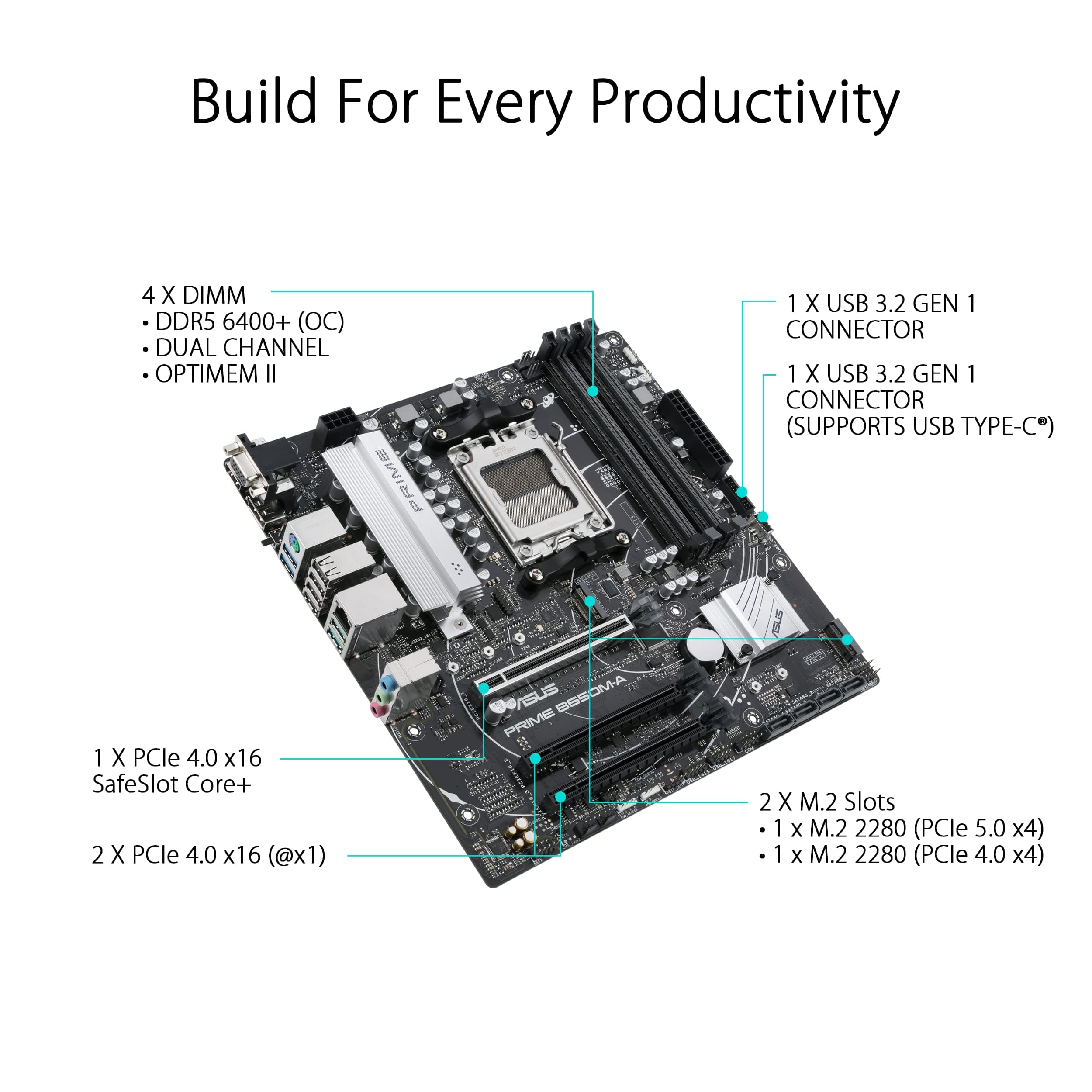 ASUS Prime B650M-A Gaming Mainboard Sockel AMD AM5 (Ryzen 7000,micro-ATX,DDR5 Speicher,PCIe 5.0,WiFi 2.5G Ethernet,BIOS Flashback,USB 3.2 Gen 2,Aura Sync), 90MB1C10-M0EAY0 Bild 5