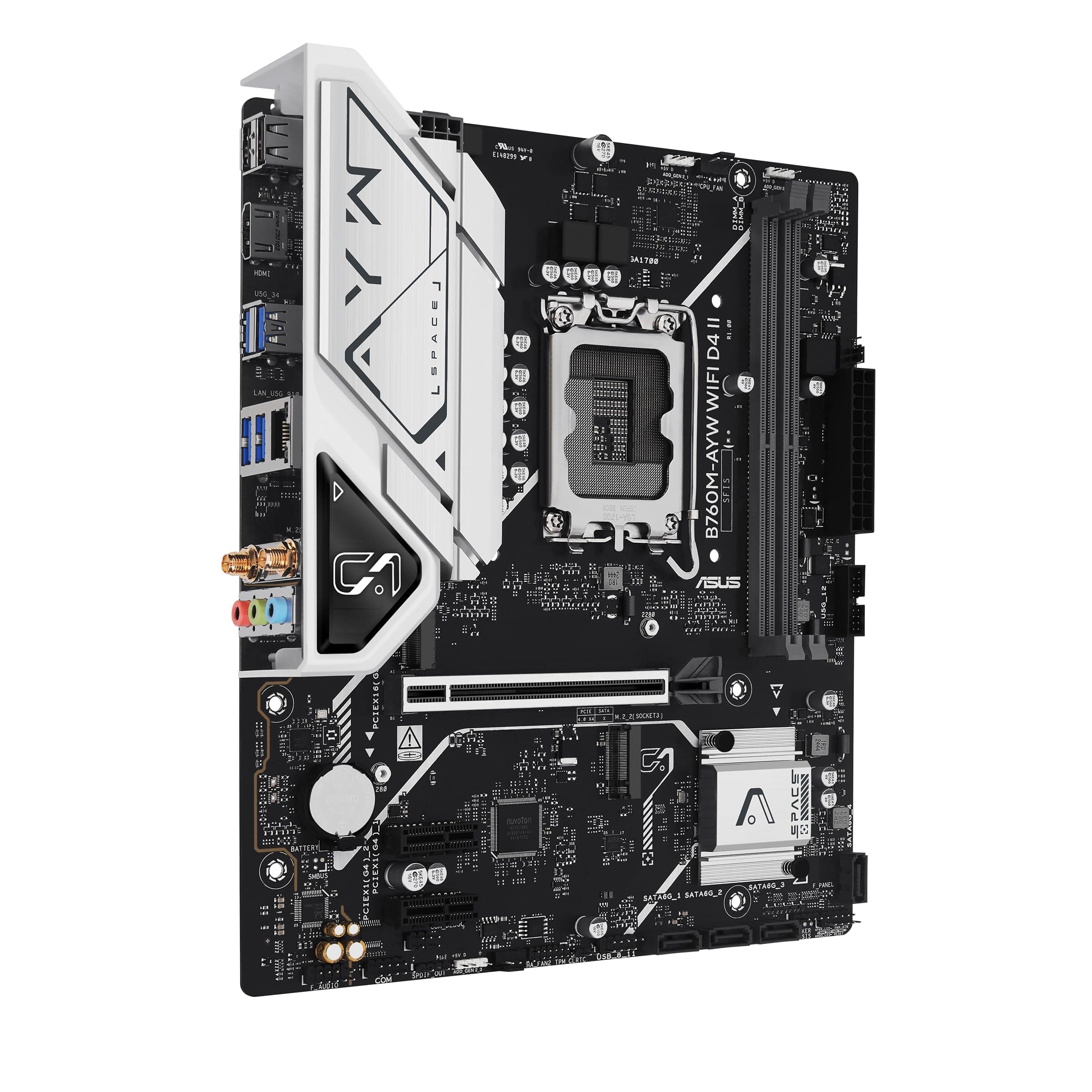 ASUS B760M-AYW WiFi D4 II Intel B760 (LGA 1700) mATX Micro ATX Mainboard, PCIe 5.0 x16 Unterstützung, Zwei M.2-Slots, DDR4, Realtek 2,5 GB Ethernet, Wi-Fi 6, HDMI, SATA 6 Gbit/s, USB Frontal 5 Gbit/s Bild 5