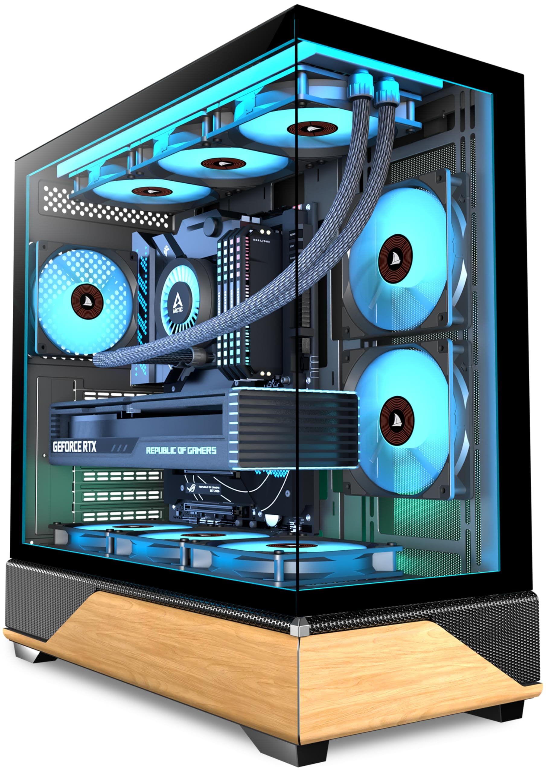 KEDIERS PC Gehäuse Vorinstallierter 5 × 120MM Schwarz Lüfter, ATX Mid Tower PC Gehäuse, Computergehäuse mit Panoramaaussicht Gehärtetes Glas Front Panel,Schwarz/Walnussholz,Neue P6-Version Bild 2