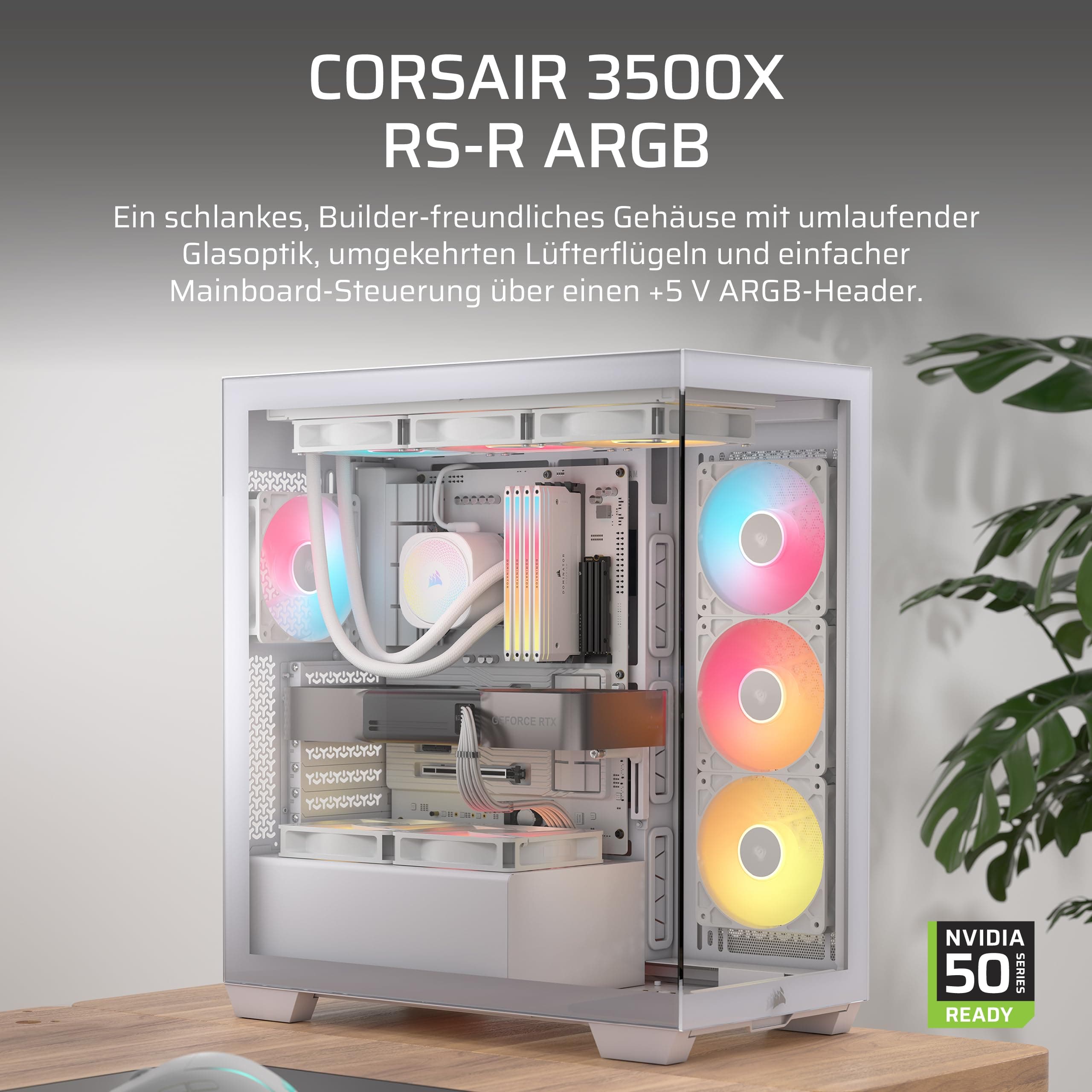 CORSAIR 3500X RS-R ARGB Panoramaglas Mid-Tower-PC-Gehäuse – 3 x RS120-R ARGB-Lüfter Inklusive, Platz für bis zu 10 x 120-mm-Lüfter, Kompatibel mit Motherboards mit Rückseitigem Anschluss – Weiß Bild 3
