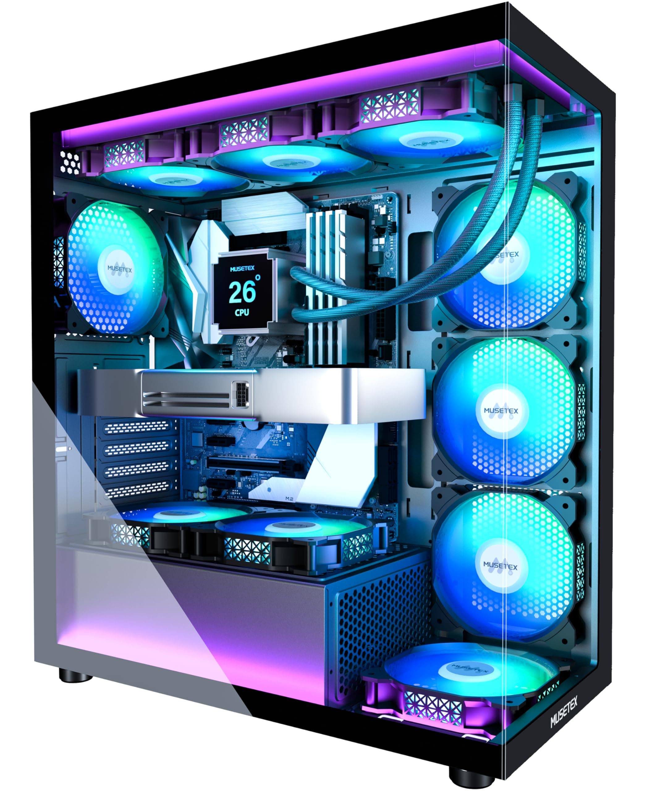 MUSETEX PC Gehäuse ATX Vorinstallation 7 PWM ARGB-Lüfter, Mid Tower ATX Computer Gehäuse mit Panoramadoppelglas, Type-C Gaming PC Gehäuse, Schwarz(K2) 42,5T x 21,2B x 47H cm