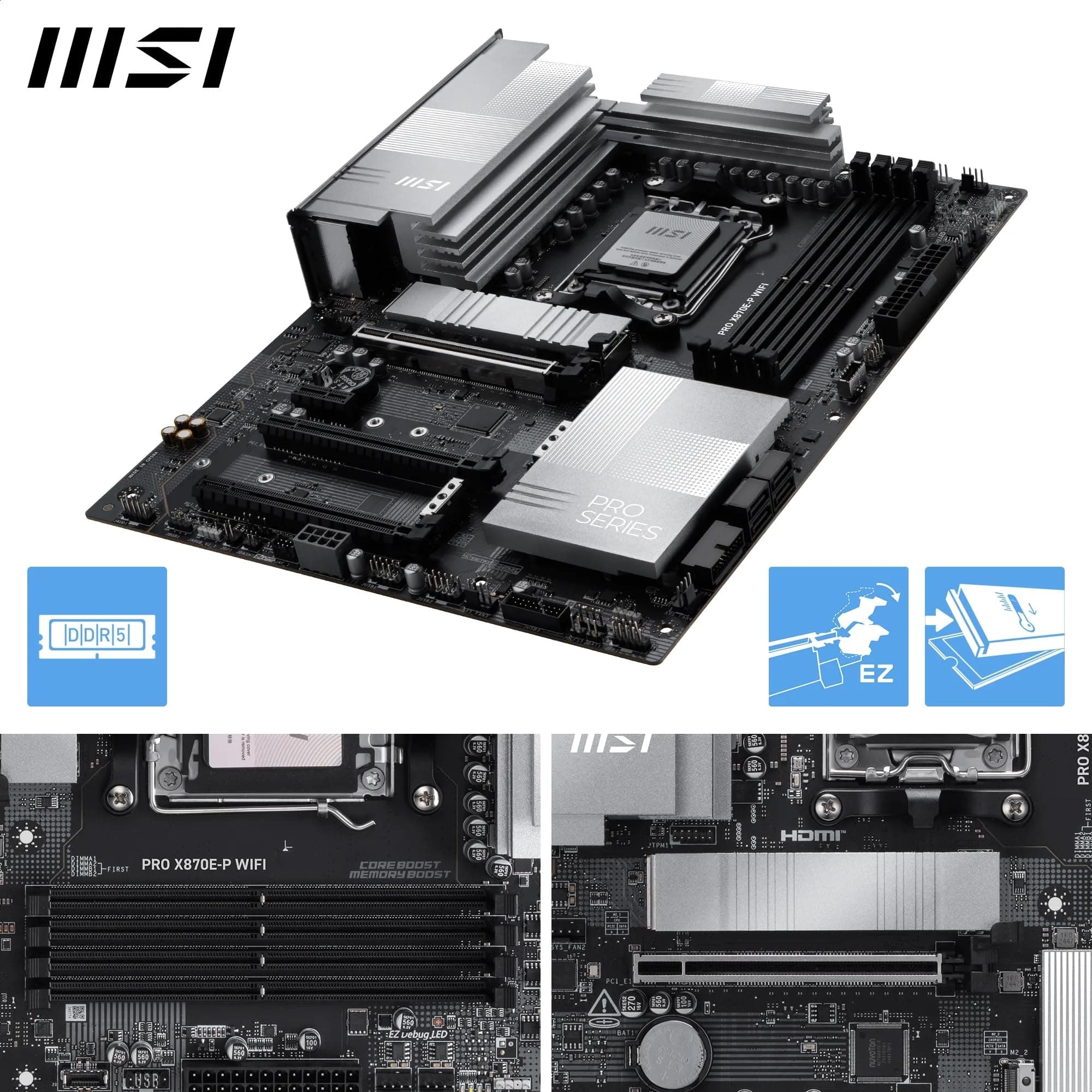 MSI PRO X870E-P WiFi Mainboard, ATX - Unterstützt AMD Ryzen 9000/8000 / 7000 Prozessoren, AM5-60A SPS VRM, DDR5 Memory Boost (8200+ MT/s OC), PCIe 5.0 x16 & 4.0 x16, M.2 Gen5, Wi-Fi 7, 5G LAN Bild 5