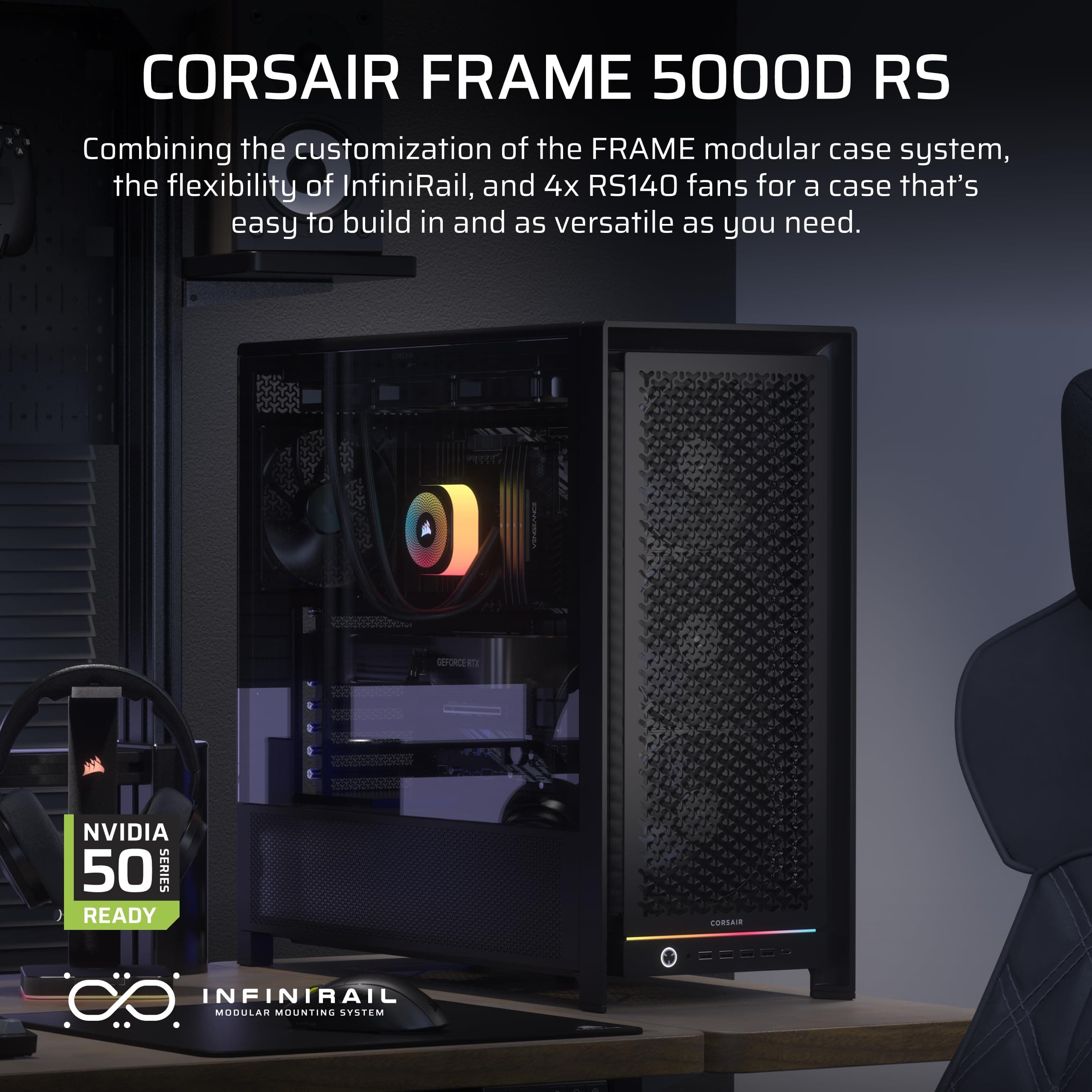 CORSAIR Frame 5000D RS Modulares Hohem Luftstrom Mid-Tower-PC-Gehäuse – 4X Vorinstallierte RS-Lüfter, InfiniRail-Lüfterbefestigungssystem, Kompatibel mit Reverse-Connector-Mainboards – Schwarz Bild 3