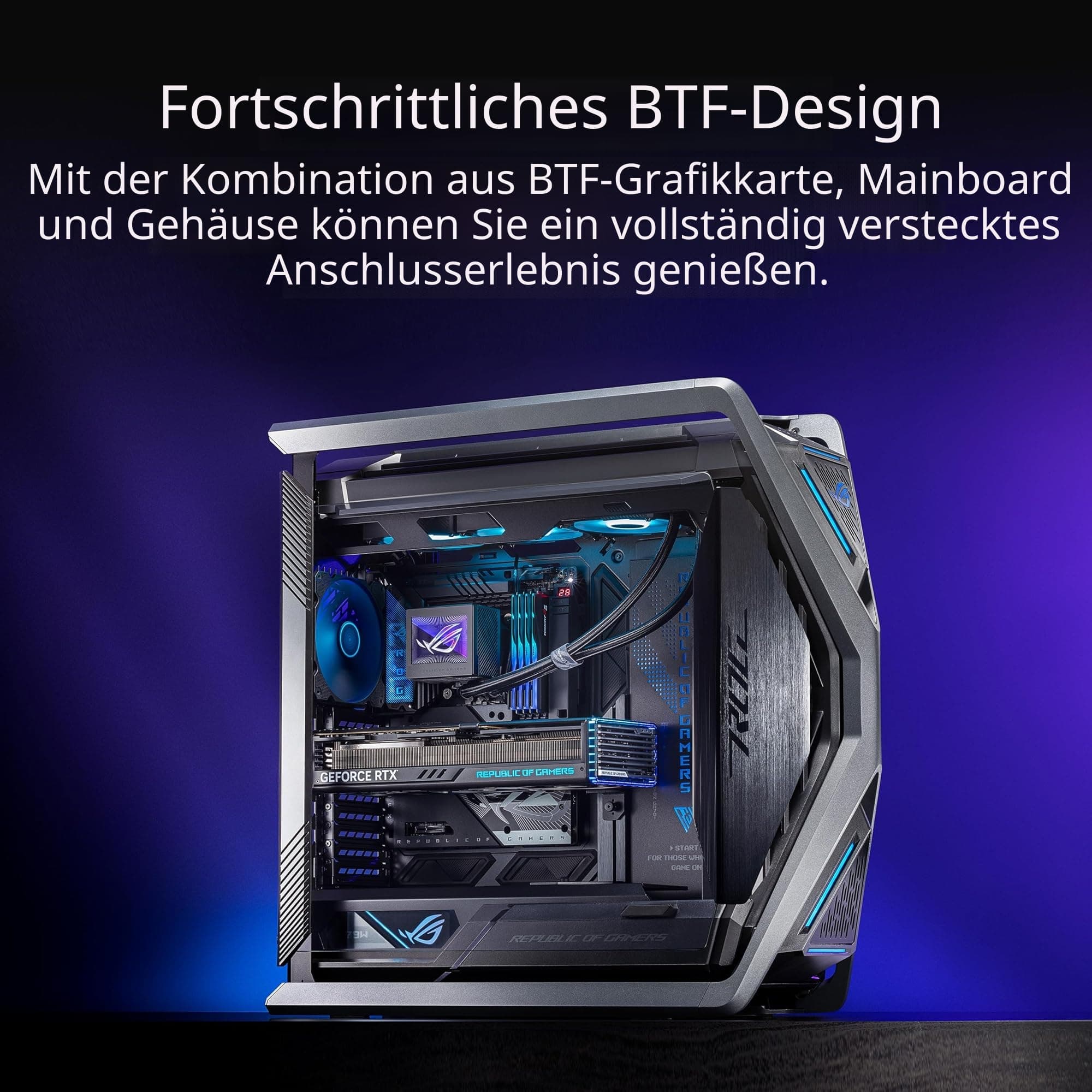 ASUS ROG Hyperion GR701 BTF Edition E-ATX Gaming Gehäuse (unterstützt Mainboards mit versteckten Anschlüssen, 420 mm Dual-Radiator-Unterstützung, 4x 140 mm-Lüfter, ARGB-Lüfter-Hub, 60W-Schnellladung) Bild 3
