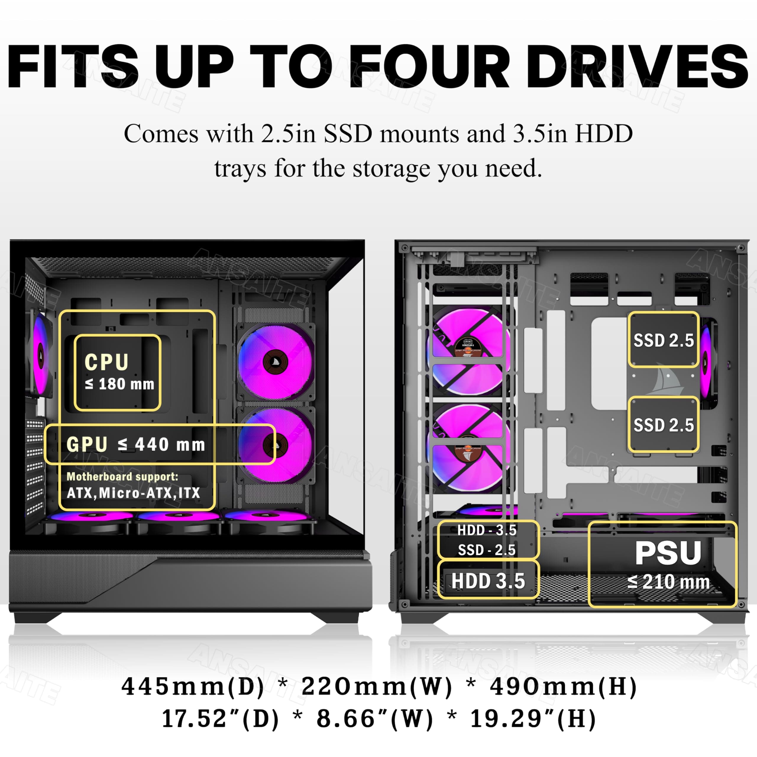 ANSAITE ATX PC-Gehäuse 6×120 mm ARGB PWM-Lüfter vorinstalliert ，Mid-Tower Gaming PC-Gehäuse, Panorama-Gehärtetes Glas Schwarz Computer-Gehäuse mit Typ-C, 360mm Radiator Unterstützung (Schwarz) violett Bild 3