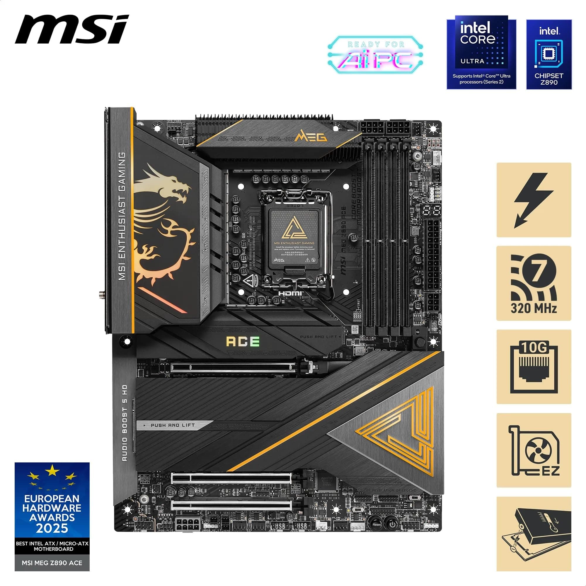 MSI MEG Z890 ACE Mainboard, ATX - Unterstützt Intel Core Ultra Prozessoren (Series 2), LGA 1851-110A SPS VRM, DDR5-Speicher (9200+MT/s OC), PCIe 5.0 & 4.0 x16, M.2 Gen5, Thunderbolt 4, Wi-Fi 7 Bild 3
