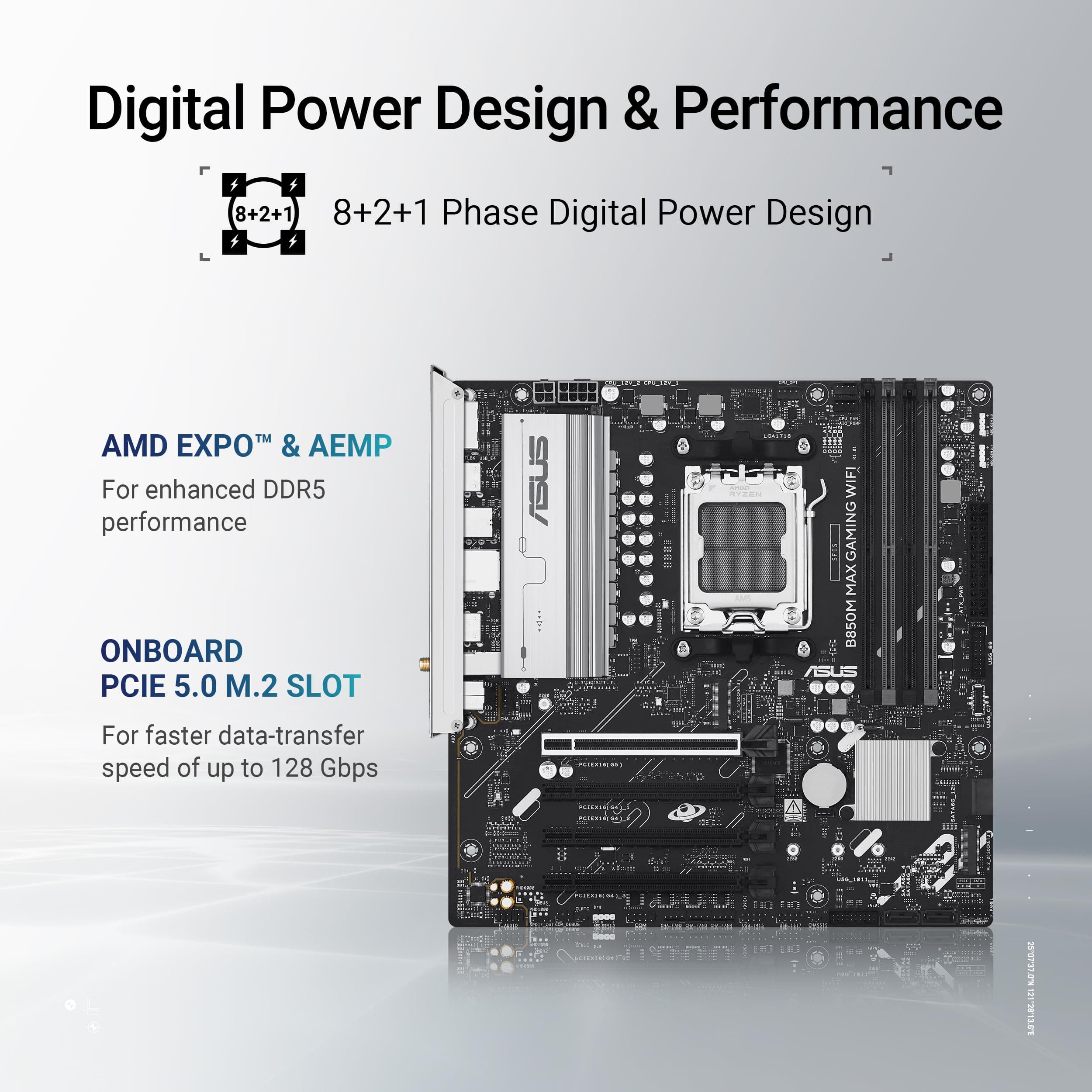 ASUS B850M MAX Gaming Mainboard Sockel AMD AM5 (mATX, DDR5, PCIe 5.0, 3X M.2, WiFi 6, BIOS Flashback, Aura Sync, Q-LED Core) Bild 7