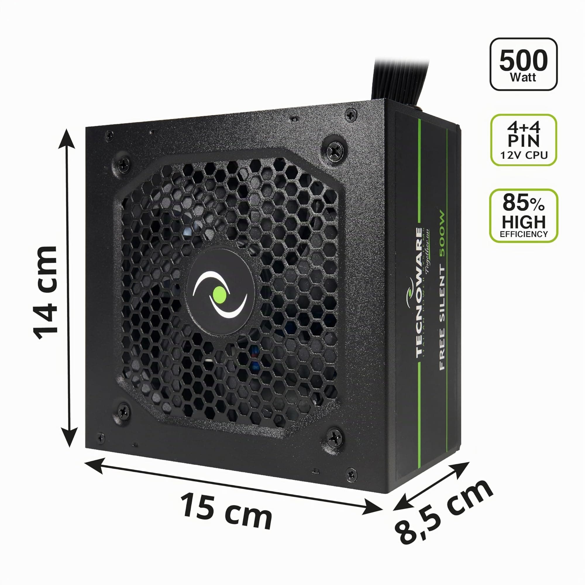 Tecnoware Power Systems - ATX-Netzteil 500, Ultrasilent 12 cm Lüfter, Überspannungsschutz, 2x SATA, 1x 24-polig, 1x 12V 4+4-polig, 2x Molex, schwarz, Größe 500 | Kompatibel mit ATX 12V v.2.01 500W ATX PCI-E Bild 3