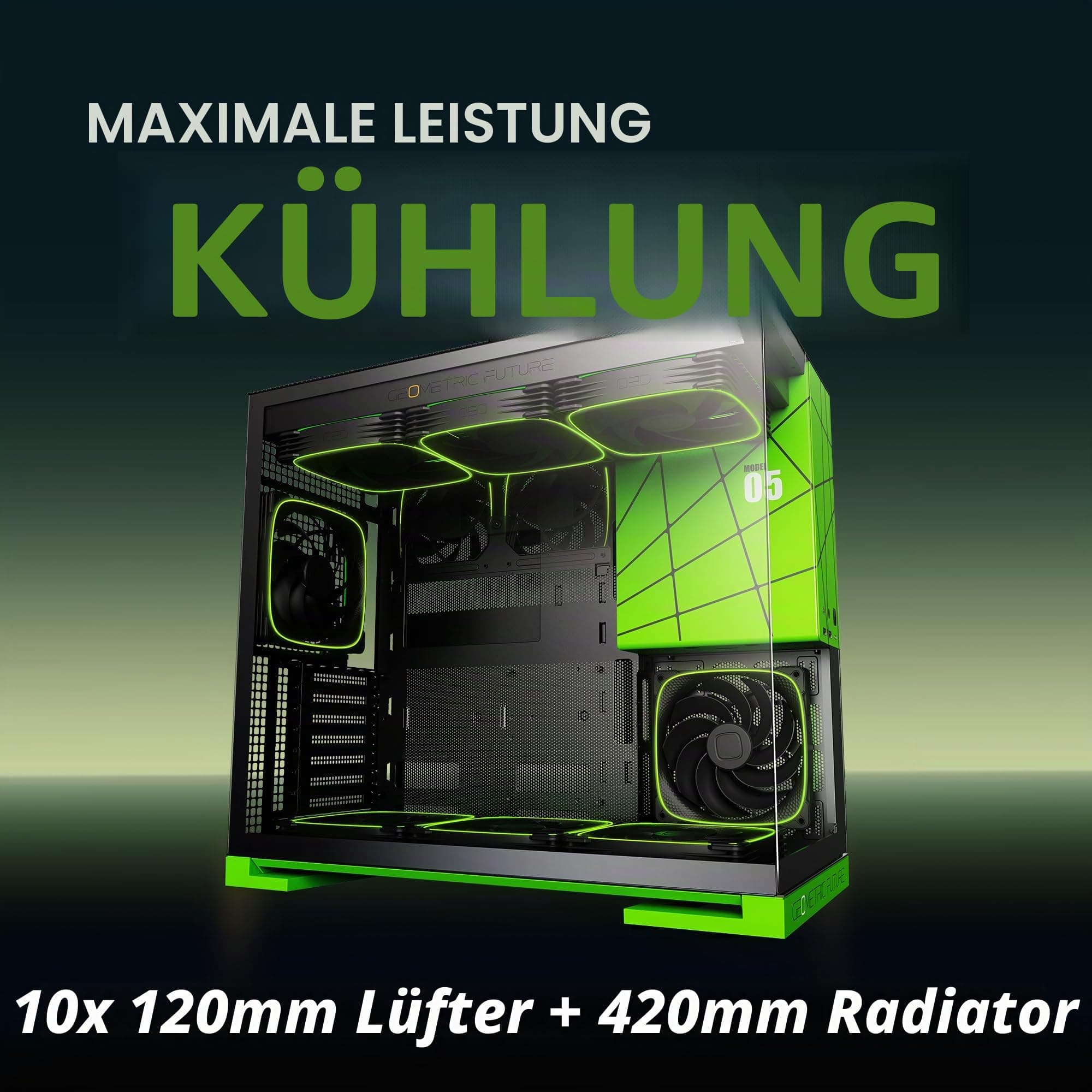 Geometric Future M5 Tempered Glass Mid Tower, E-ATX/ATX Gaming Case, 1.2mm Steel, Type C, Toolless Panels, Support 420/360 Radiator, Dual-Chamber, Black/Green, GEO-M5-BNY schwarz/grün Glass ver Bild 5