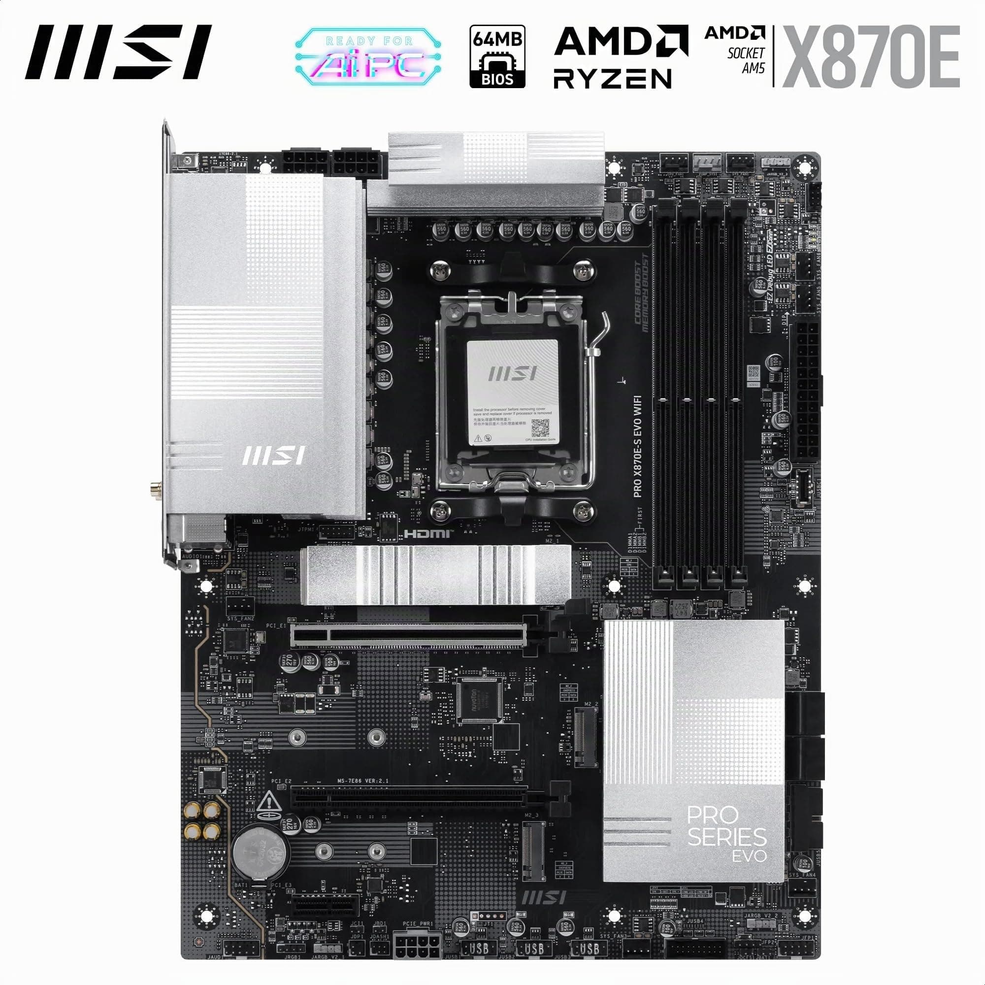 MSI PRO X870E-S EVO WiFi Mainboard, ATX – Unterstützt AMD Ryzen 9000/8000/7000-Prozessoren, AM5 – 60A SPS VRM, DDR5-Memory Boost (bis zu 8200+ MT/s OC), PCIe 5.0 x16, M.2 Gen5, Wi-Fi 7, 5G-LAN Bild 3