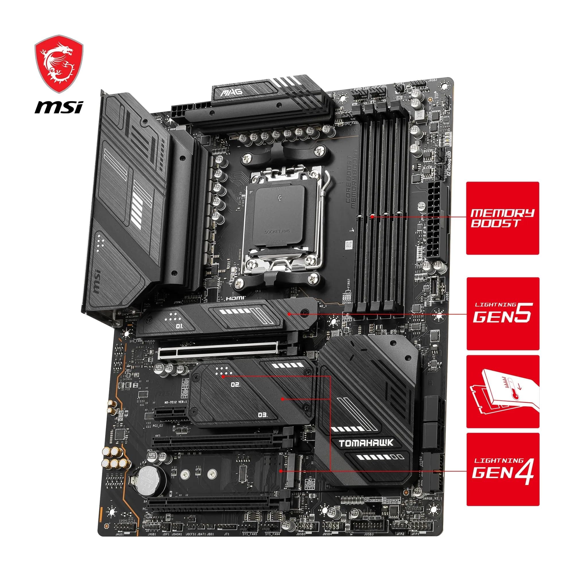 MSI MAG X670E Tomahawk WiFi Motherboard, ATX - Unterstützt Ryzen 9000, 8000 & 7000 Serie Prozessoren, AM5-80A SPS VRM, DDR5 Memory Boost 6600+MHz/OC, PCIe 5.0 x16, M.2 Gen5, Wi-Fi 6E Bild 5