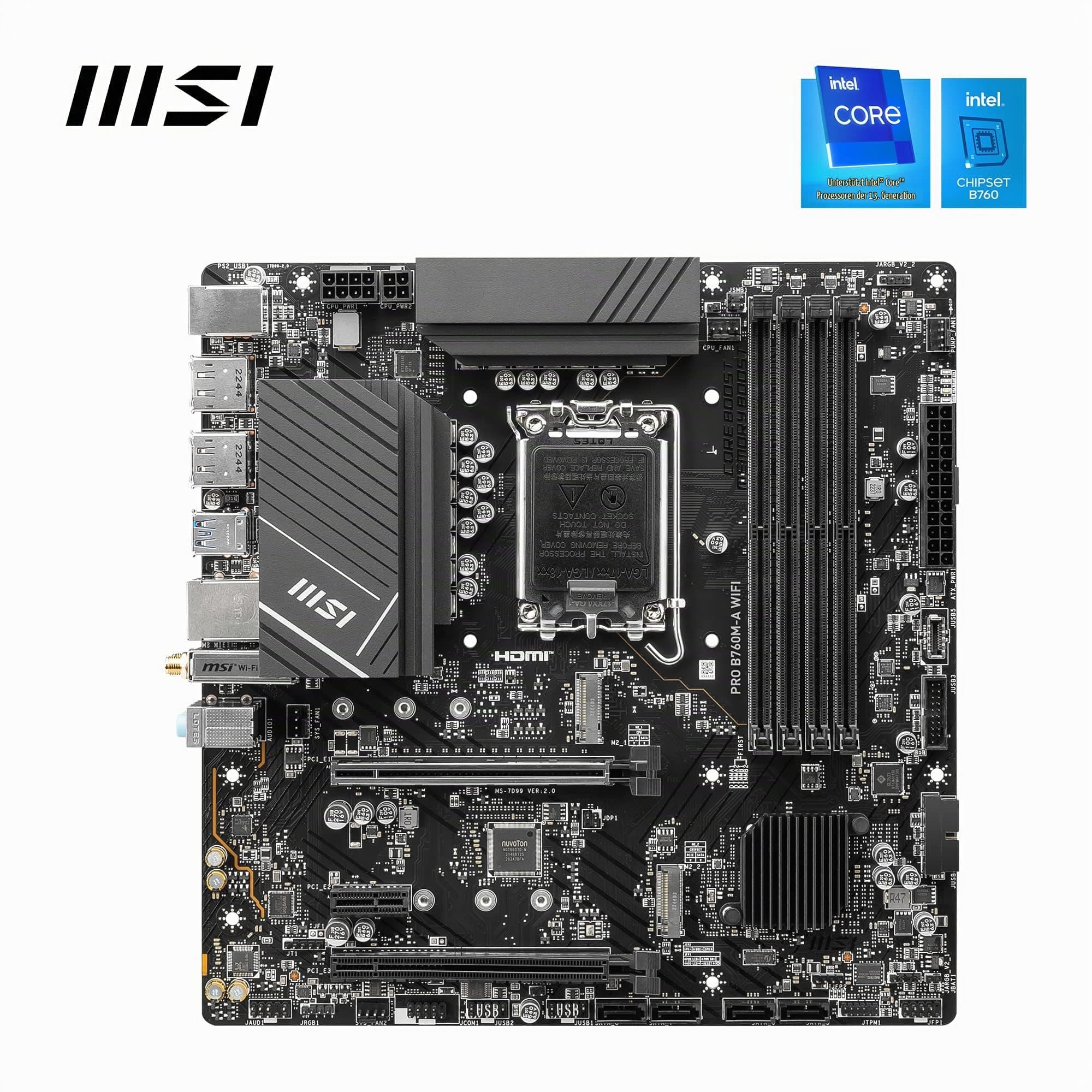 MSI PRO B760M-A WiFi Motherboard, Micro-ATX - Für Intel Core Prozessoren der 12., 13. & 14. Generation, LGA 1700 - DDR5 Memory Boost 6800+MHz/OC, PCIe 4.0 x16 Slot, M.2 Gen4 Slots, 2.5G LAN, Wi-Fi 6E Bild 3