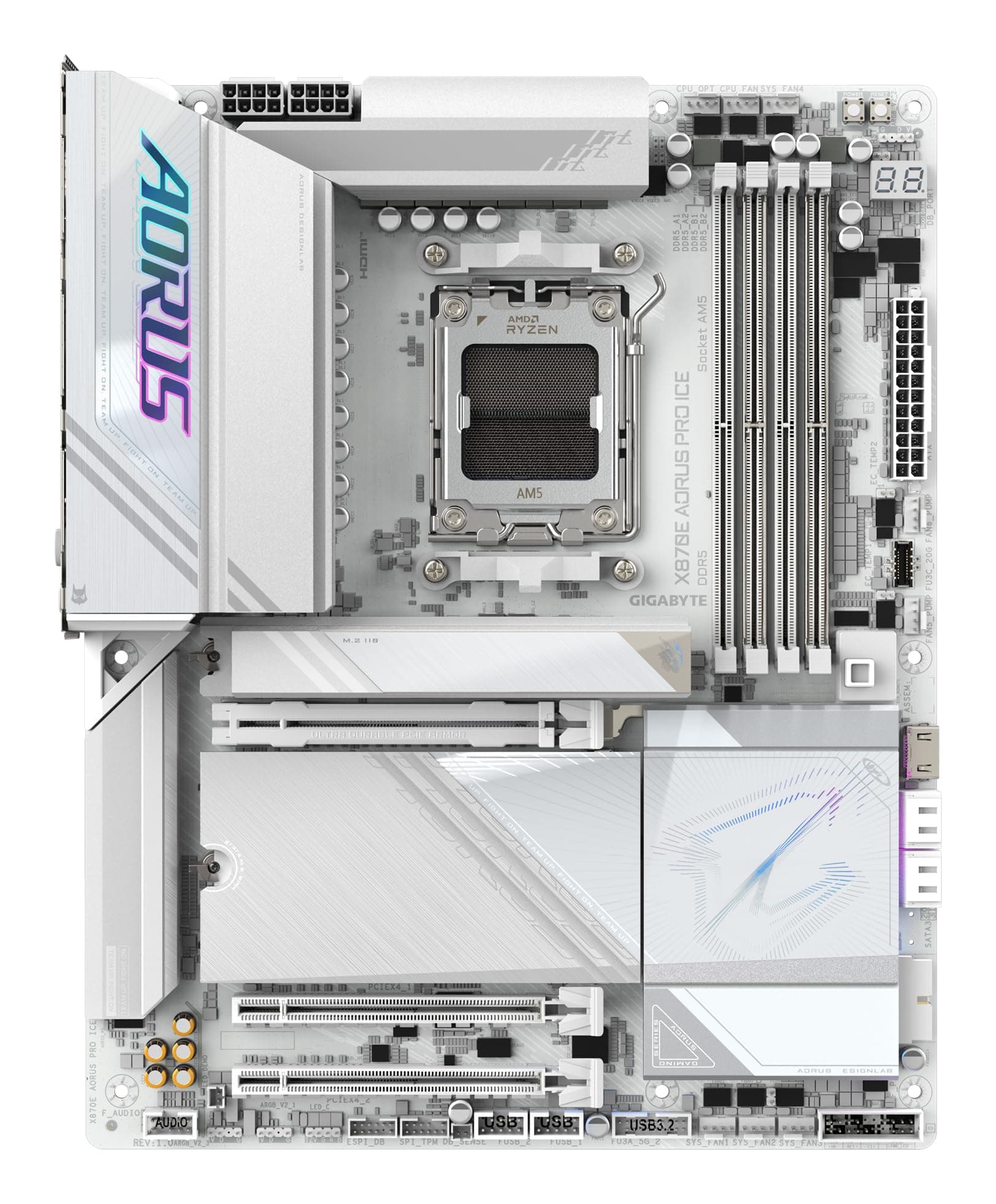 GIGABYTE X870E AORUS PRO Ice-Mainboard - Unterstützt AMD Ryzen 9000 CPUs, 16+2+2 Phasen Digital-VRM, bis zu 8000MHz DDR5 (OC), 3xPCIe 5.0, Wi-Fi 7, 2.5GbE LAN, USB 4 Bild 4