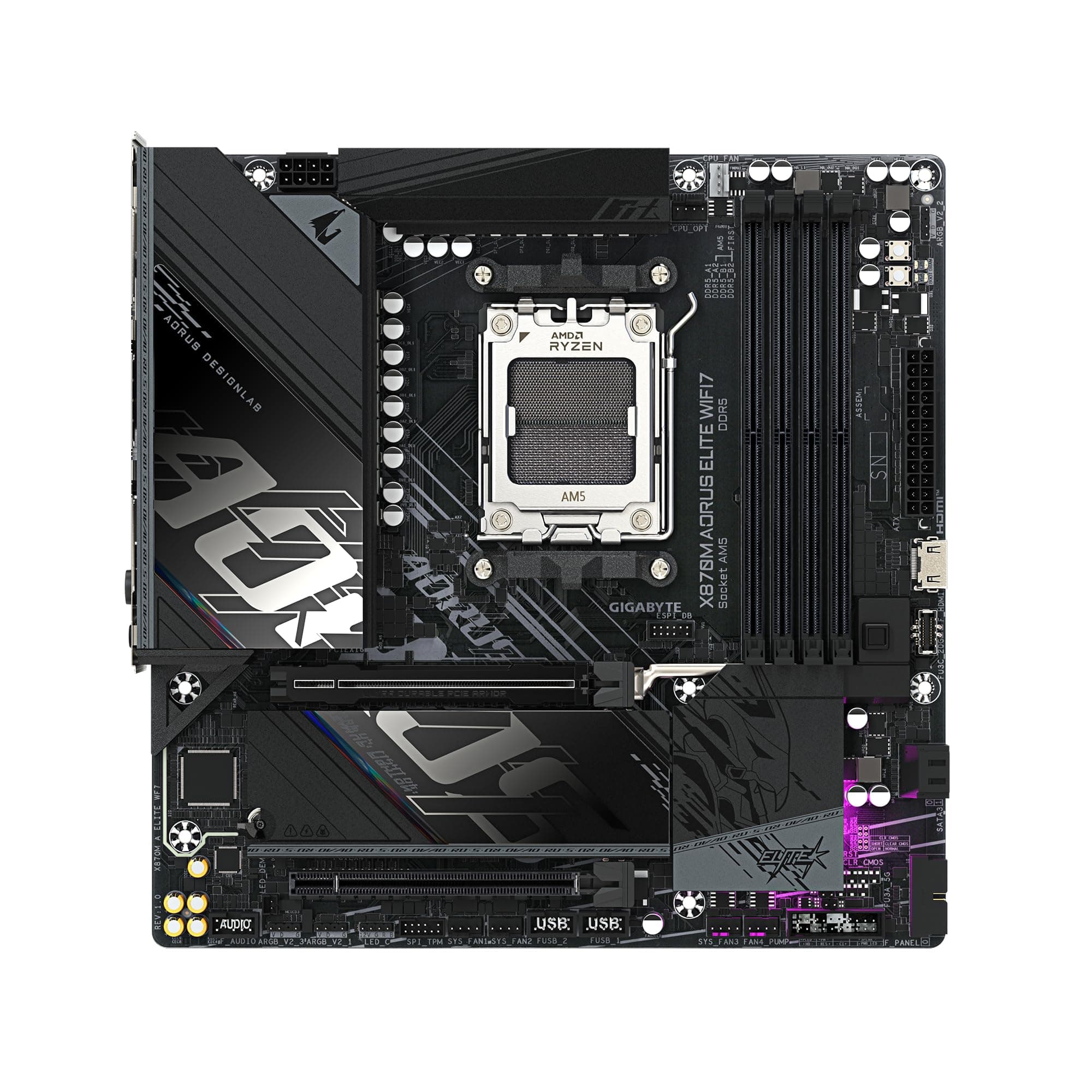 GIGABYTE X870M AORUS Elite WIFI7 Mainboard – Unterstützt AMD Ryzen 9000 CPUs, Digitale 14+2+2 Phasen VRM, bis zu 8200 MHz DDR5 (OC), 1 x PCIe 5.0 + 1 x PCIe 4.0, Wi-Fi 7, 2.5 GbE LAN, USB 4 Bild 3