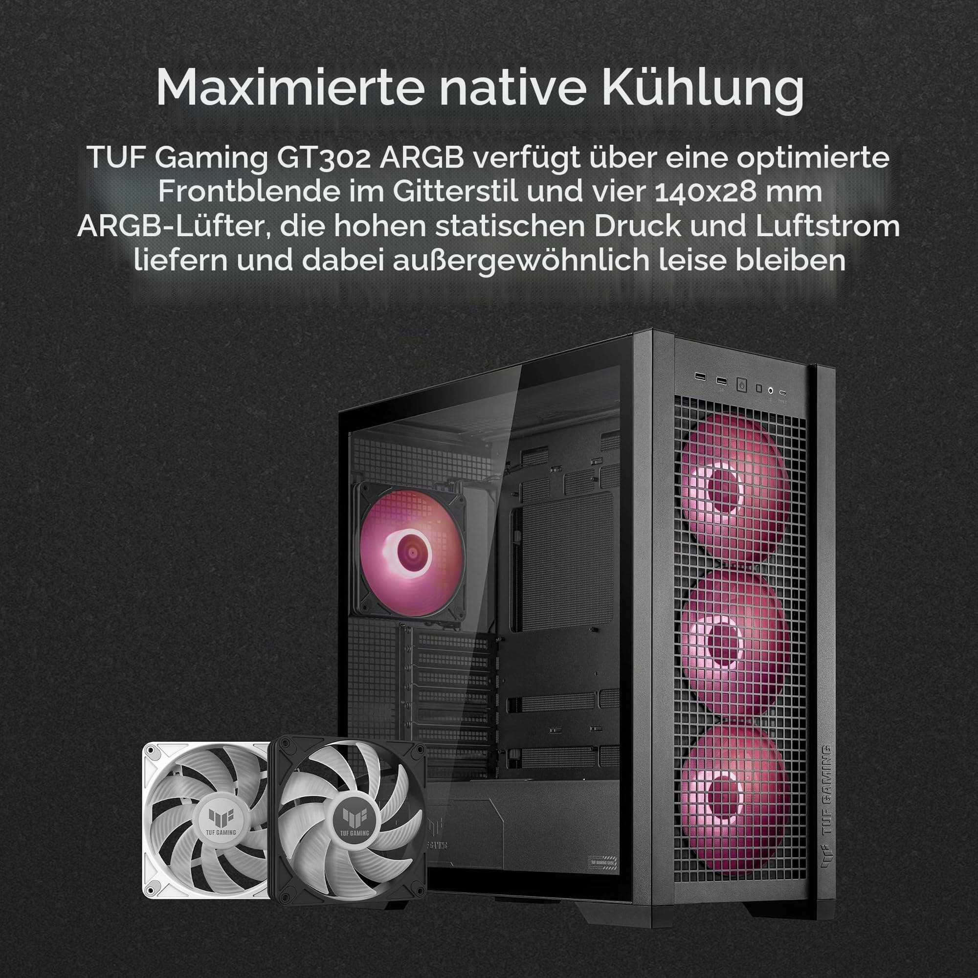 ASUS TUF Gaming GT302 ARGB Black Mid-Tower-ATX-Gehäuse (4x 140 x 28-mm-ARGB-Lüfter, austauschbare Seitenteile, unterstützt ATX-Mainboards mit versteckten Anschlüssen, Mesh-Frontpanel, schwarz) Bild 3