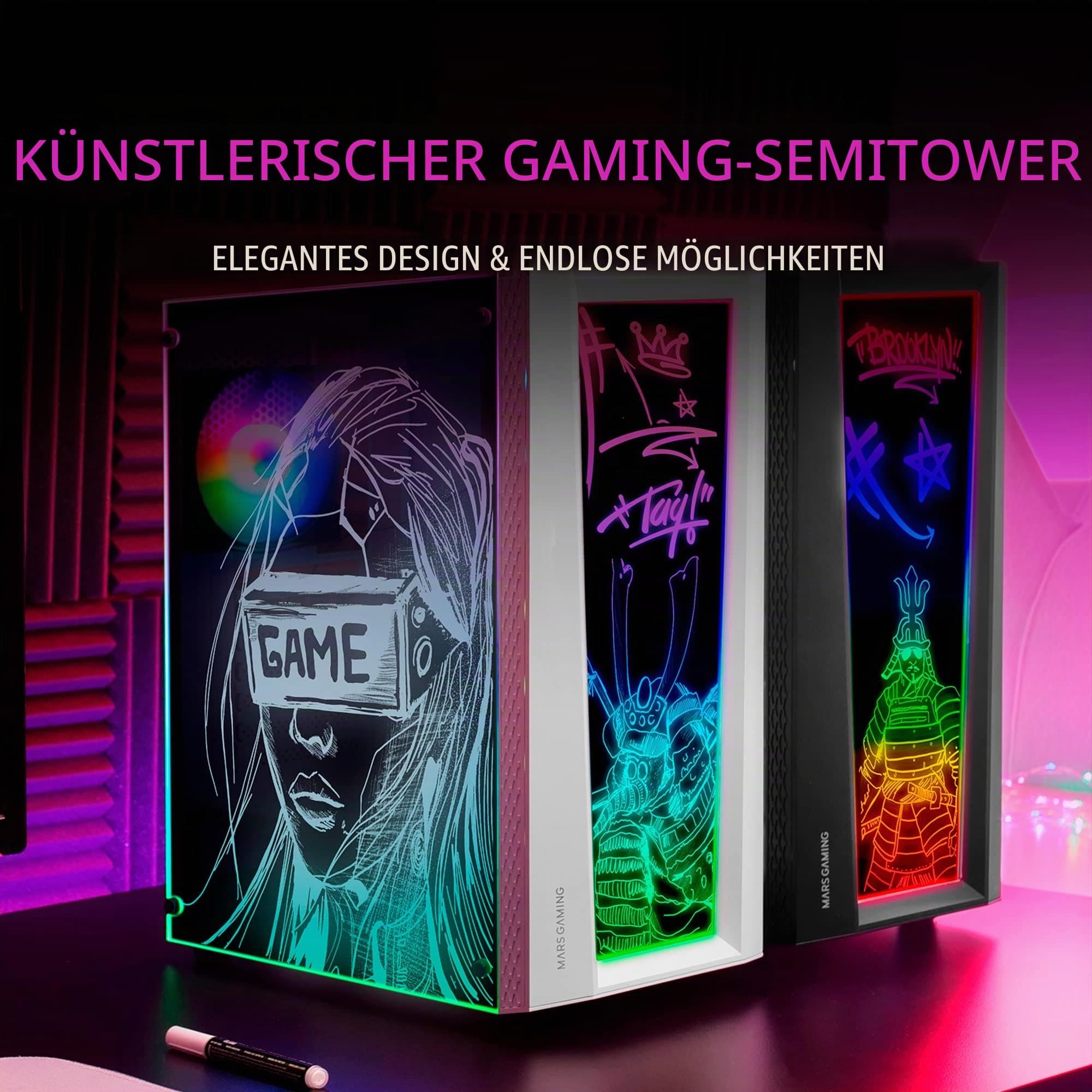 Mars Gaming MC-Art Weiß, PC Gaming ATX Gehäuse, Doppelt Zeichnbar Gehärtetes Glas, ARGB 12 Mode, 12cm Lüfter, MCARTW MC-ART ATX Weiß Bild 3