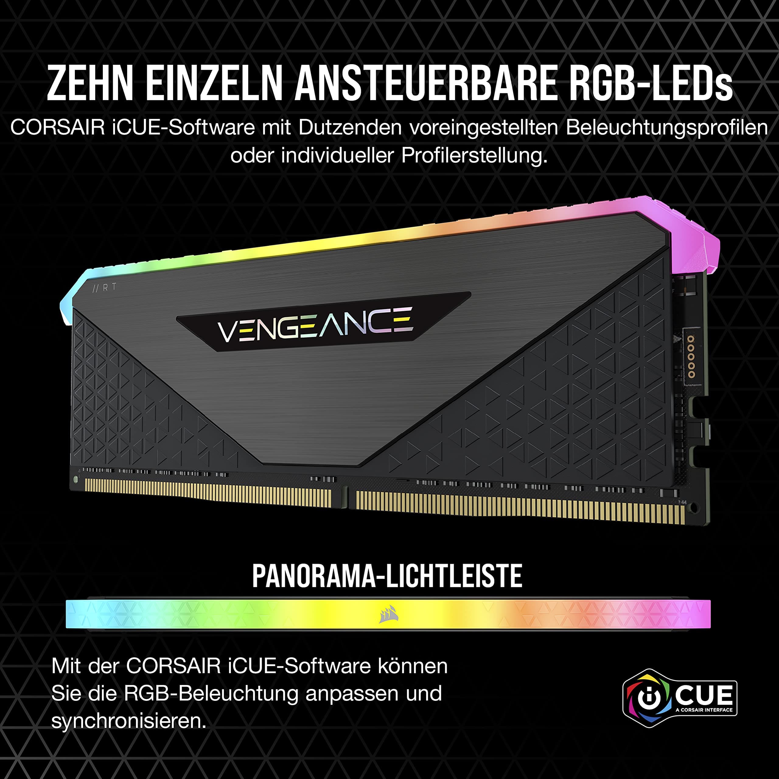 Corsair Vengeance RGB RT 16GB (2x8GB) DDR4 Bis zu 3200MHz C16 Arbeitsspeicher (Dynamische RGB-Beleuchtung, Optimiert für AMD 300/400/500 Series, Kompatibilität mit Intel 300/400/500 Series) Schwarz 2 x 8GB Bild 5