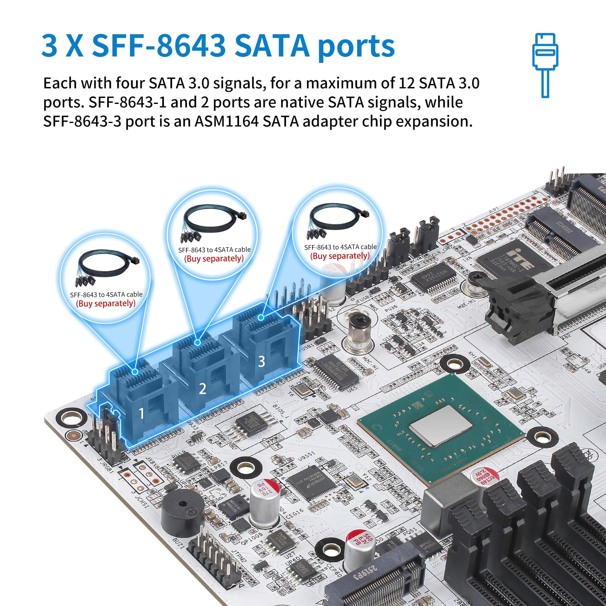 CWWK W680 NAS Motherboard Micro ATX 12 Bay, LGA 1700 mATX Weiß PC Mainboard mit 10GbE&2 * 2.5GbE LAN, 4 x DDR5 Desktop RAM (ECC), 3 x NVMe, PCIe5.0 x16, vPro (3X 4-SATA Cable) Bild 8