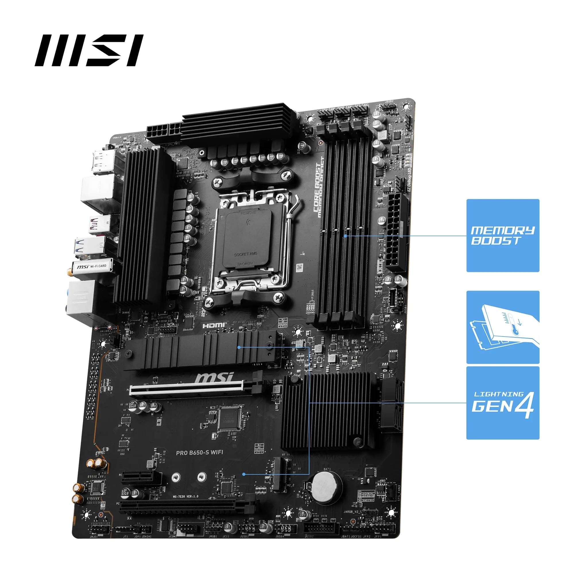 MSI PRO B650-S WiFi Motherboard, ATX - Unterstützt Ryzen 9000, 8000 & 7000 Serie Prozessoren, AM5 - DDR5 Memory Boost 6000+MHz/OC, 2 x PCIe 4.0 x16, 2 x M.2 Gen4, Wi-Fi 6E Bild 5