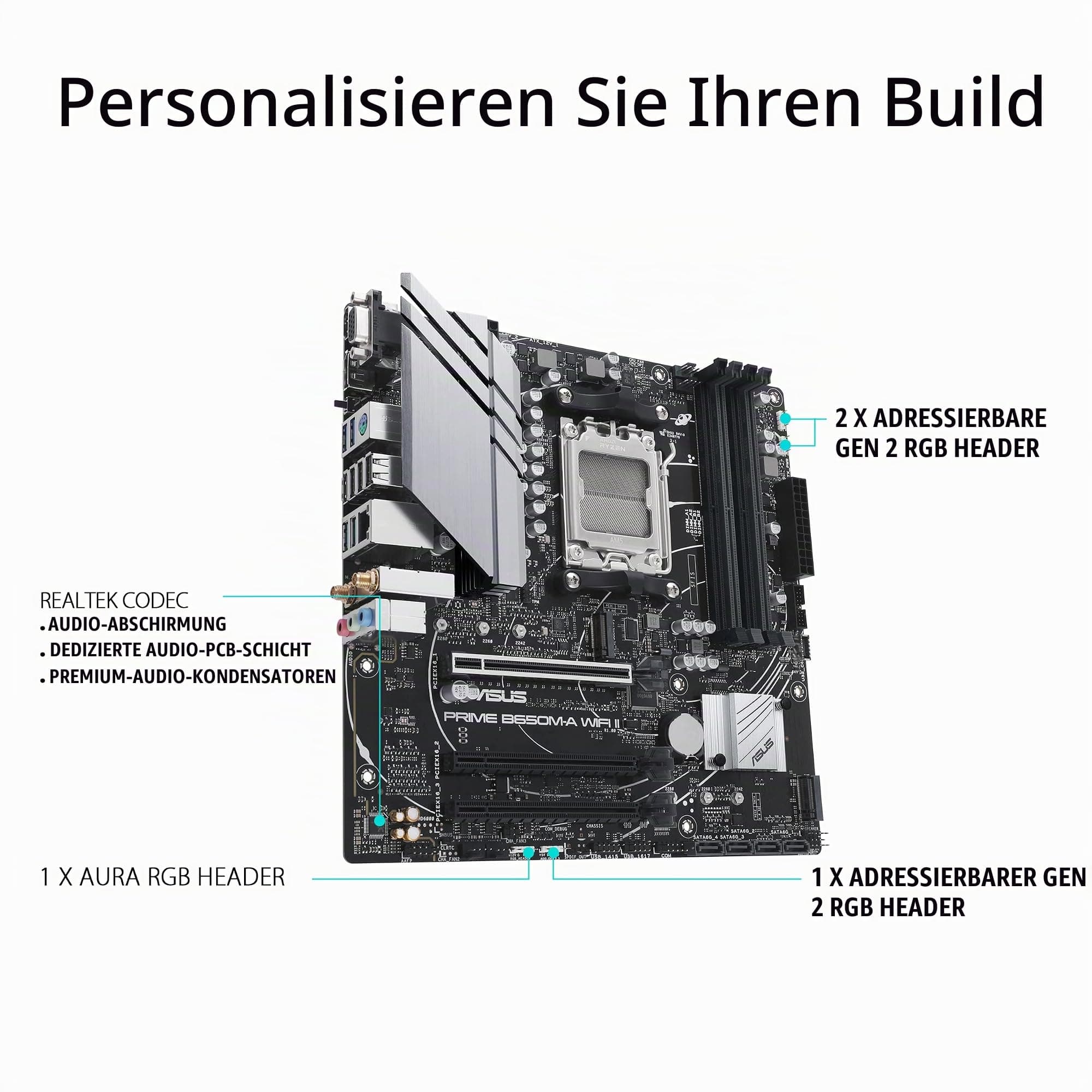 ASUS Prime B650M-A WiFi II Gaming Mainboard Sockel AMD AM5 (Ryzen, mATX, DDR5 Speicher, PCIe 5.0, 2.5GB Ethernet, WiFi 6, DisplayPort, HDMI, VGA, USB 3.2, Aura Sync) Bild 7