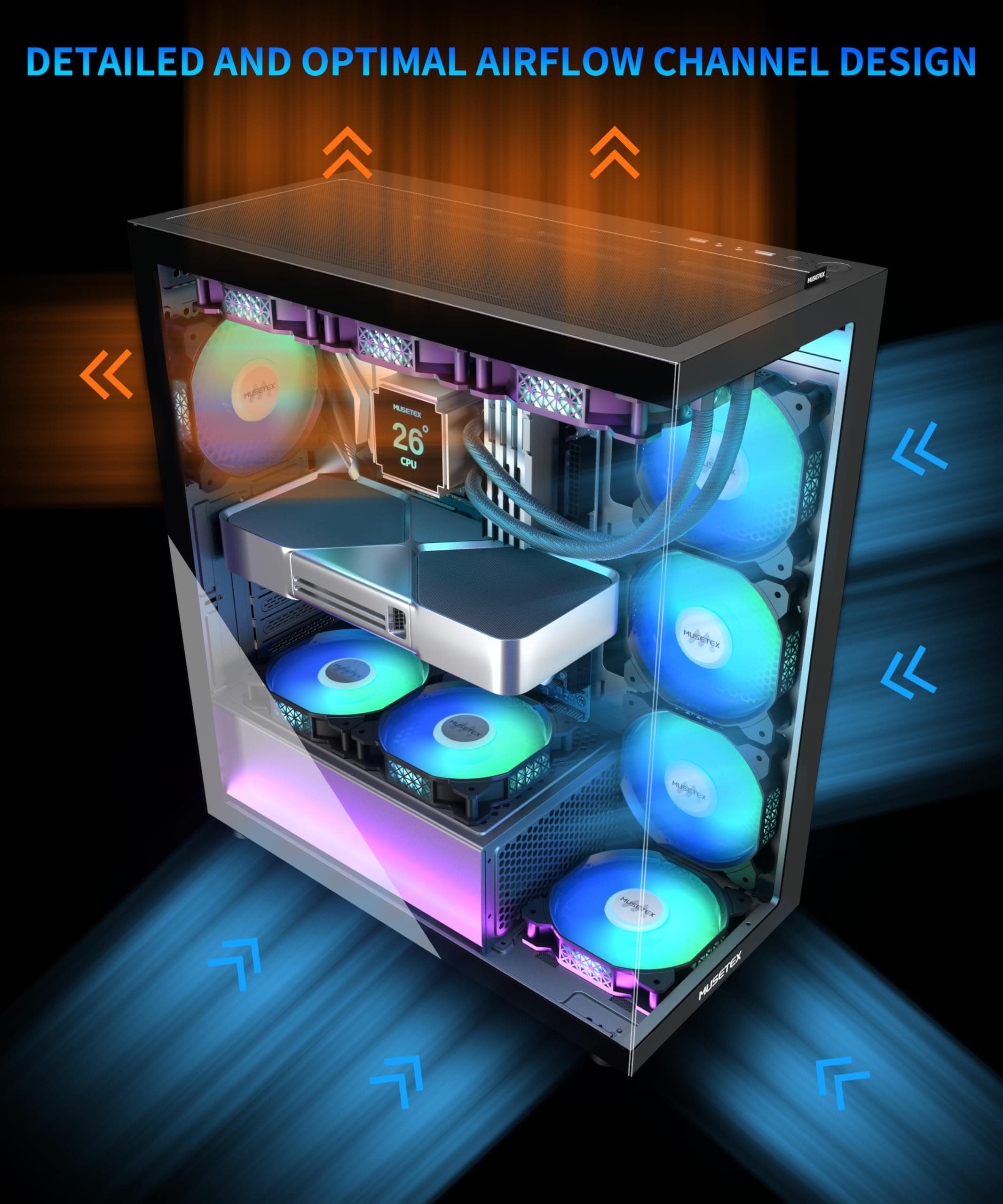 MUSETEX PC Gehäuse ATX Vorinstallation 7 PWM ARGB-Lüfter, Mid Tower ATX Computer Gehäuse mit Panoramadoppelglas, Type-C Gaming PC Gehäuse, Schwarz(K2) 42,5T x 21,2B x 47H cm Bild 5