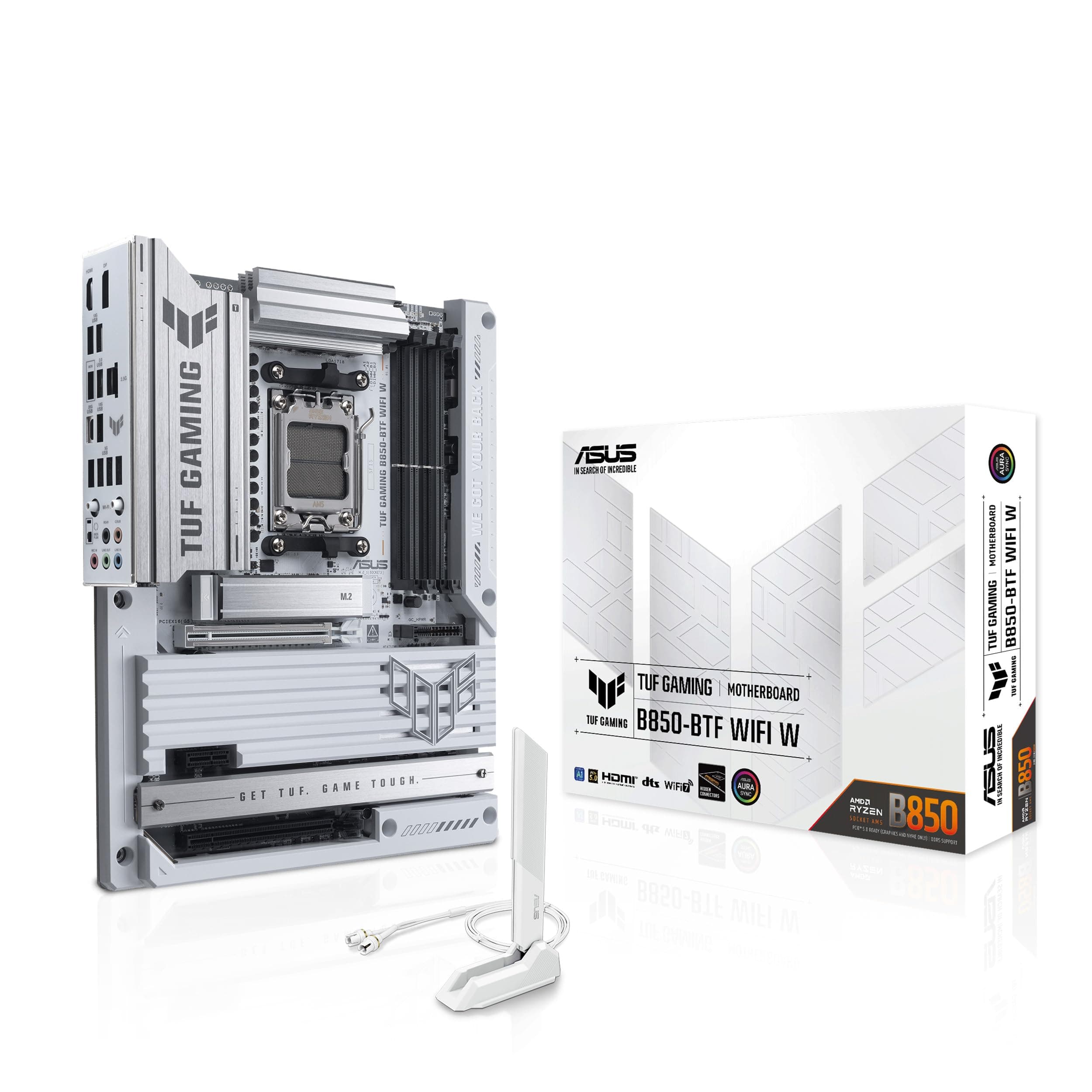 ASUS TUF Gaming B850-BTF WiFi W Mainboard Sockel AMD AM5 (Ryzen 9000, ATX, PCIe 5.0, DDR5 Speicher, WiFi 7, verstecktes Anschlussdesign, Aura Sync)