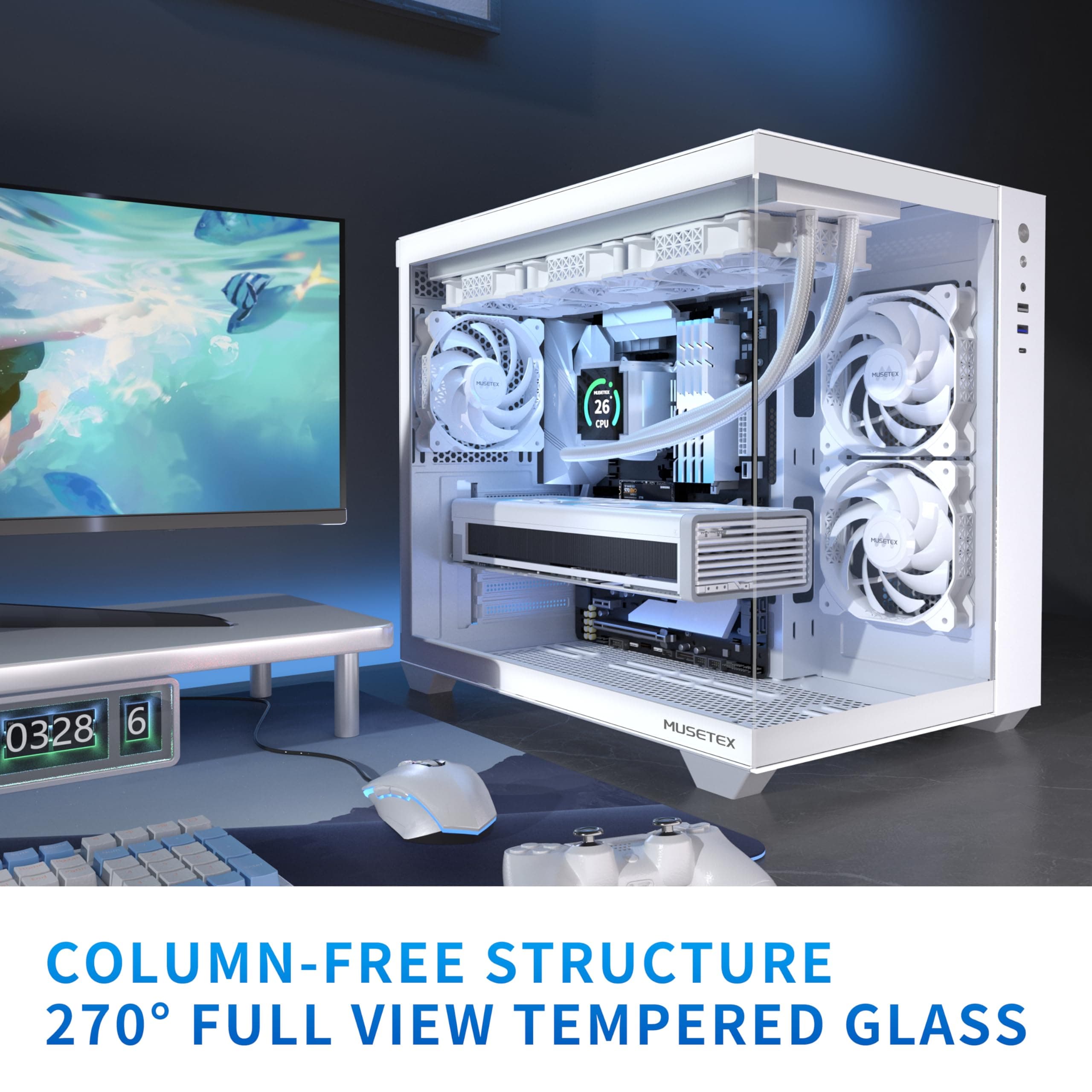 MUSETEX PC Gehäuse ATX,360MM Rad-Unterstützung, Typ-C Gaming PC CASE, 270° Full View Tempered Glass Mid Tower PC-Gehäuse 3 Non-LED-Lüfter vorinstalliert,reinweißes ATX Computer Gehäuse, Y6 42T x 29,5B x 36,8H cm Bild 3