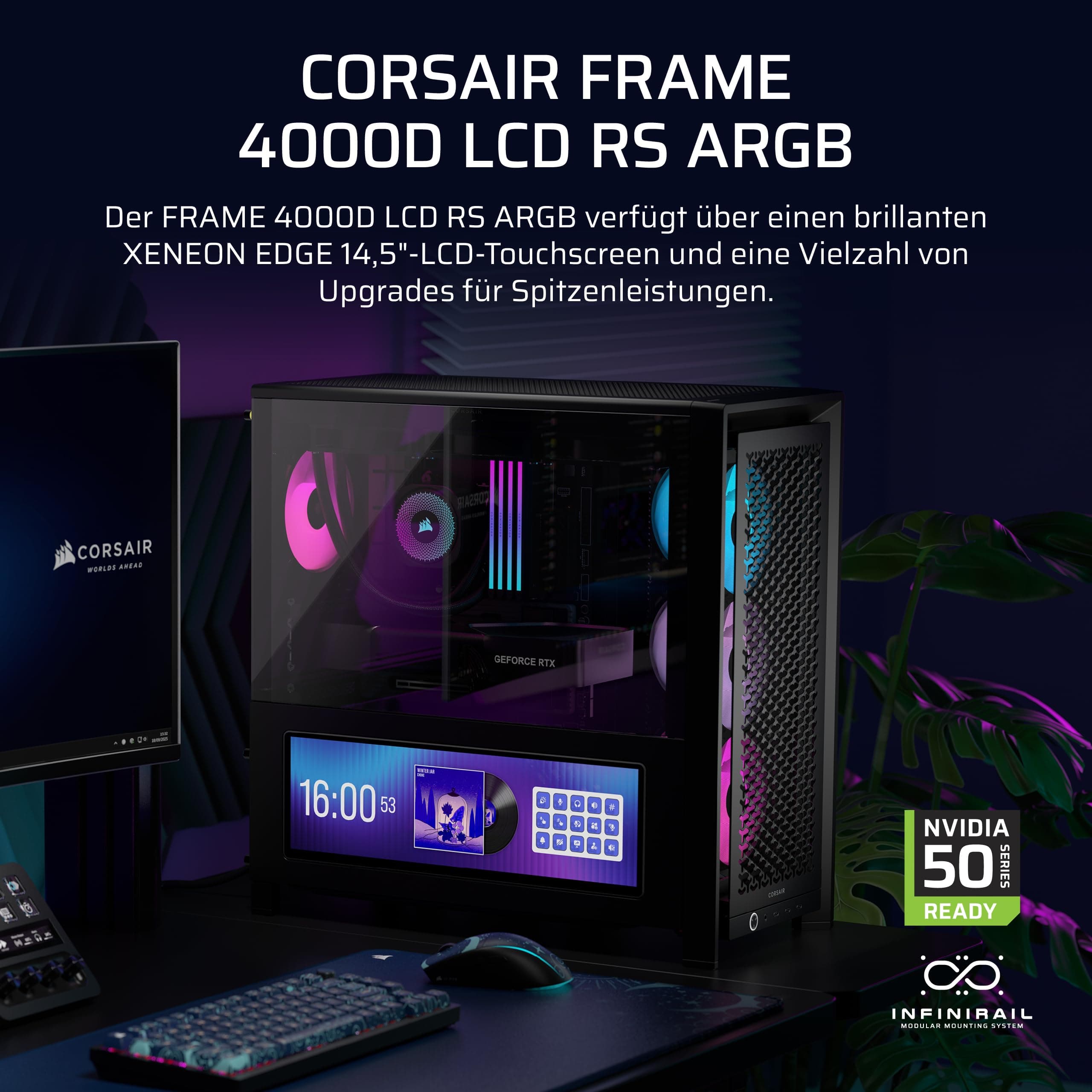 CORSAIR Frame 4000D LCD RS ARGB Modularen Mid-Tower ATX PC-Gehäuse – XENEON Edge LCD-Touchscreen, InfiniRail Lüftermontagesystem, 4X RS120 ARGB-PWM-Lüfter – Schwarz Bild 3