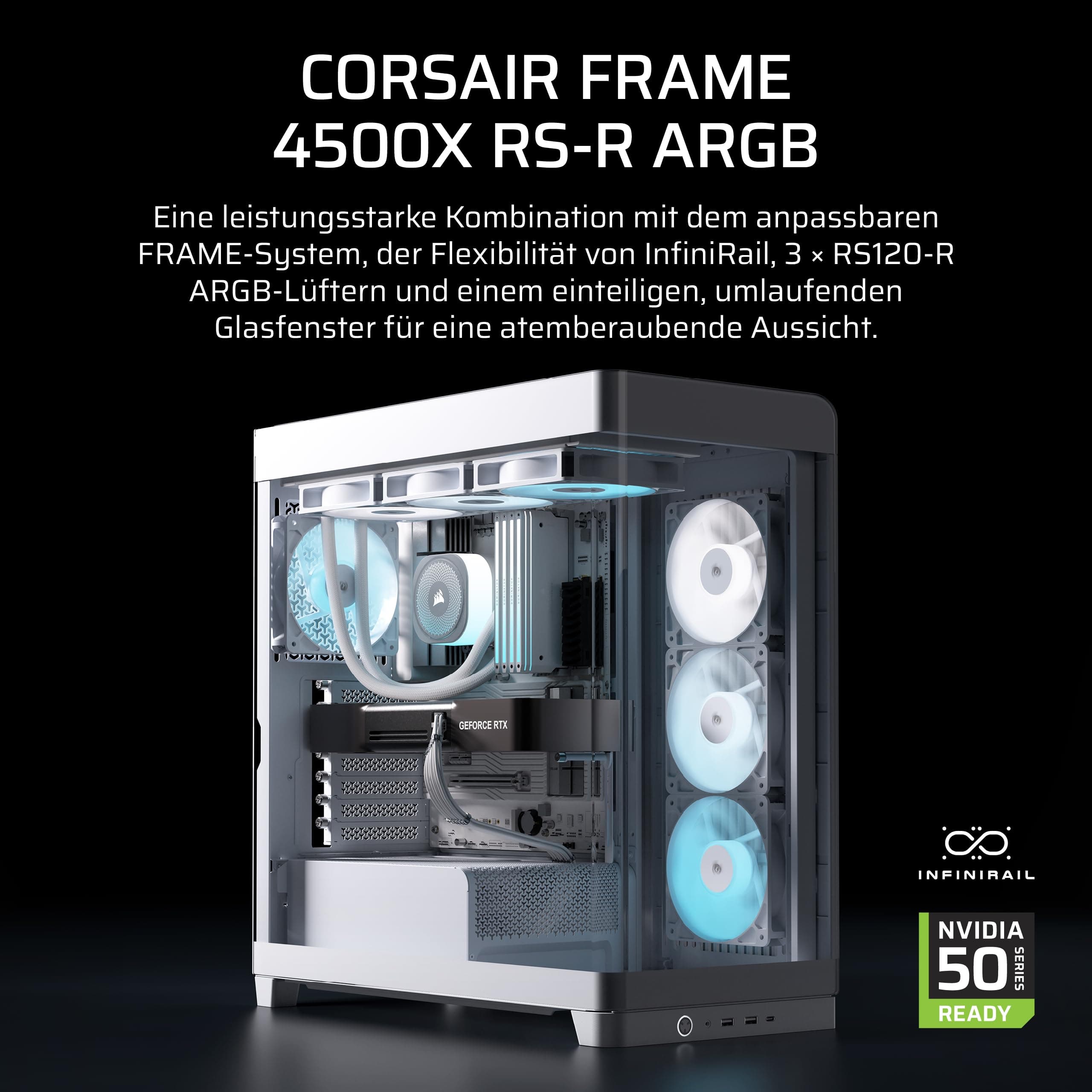 CORSAIR Frame 4500X RS-R ARGB Panoramaglas Mid-Tower-PC-Gehäuse – InfiniRail Lüftermontagesystem, Passend für Zwei 360 mm Radiatoren, GPU Anti-Sag, Enthält 3X RS120R RGB LINK Lüfter – Weiß Bild 3