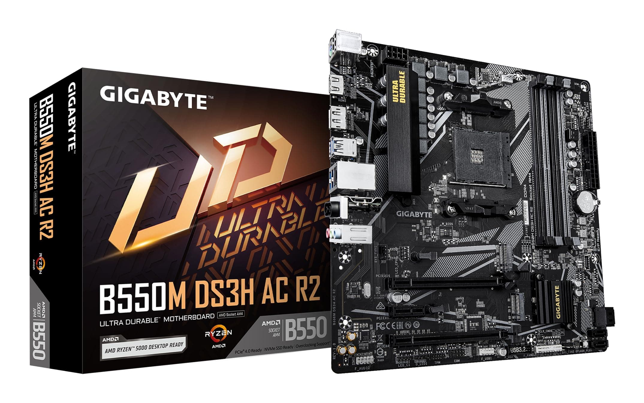 GIGABYTE B550M DS3H AC R2 Mainboard – AMD Ryzen 5000 Prozessoren, 5+3 Phasen VRM, bis zu 4733 MHz DDR4 (O.C.), 1x PCIe 4.0 + 1x PCIe 3.0 M.2, Wi-Fi 5, 1 GbE LAN, USB 3.2 Gen 1 Bild 2