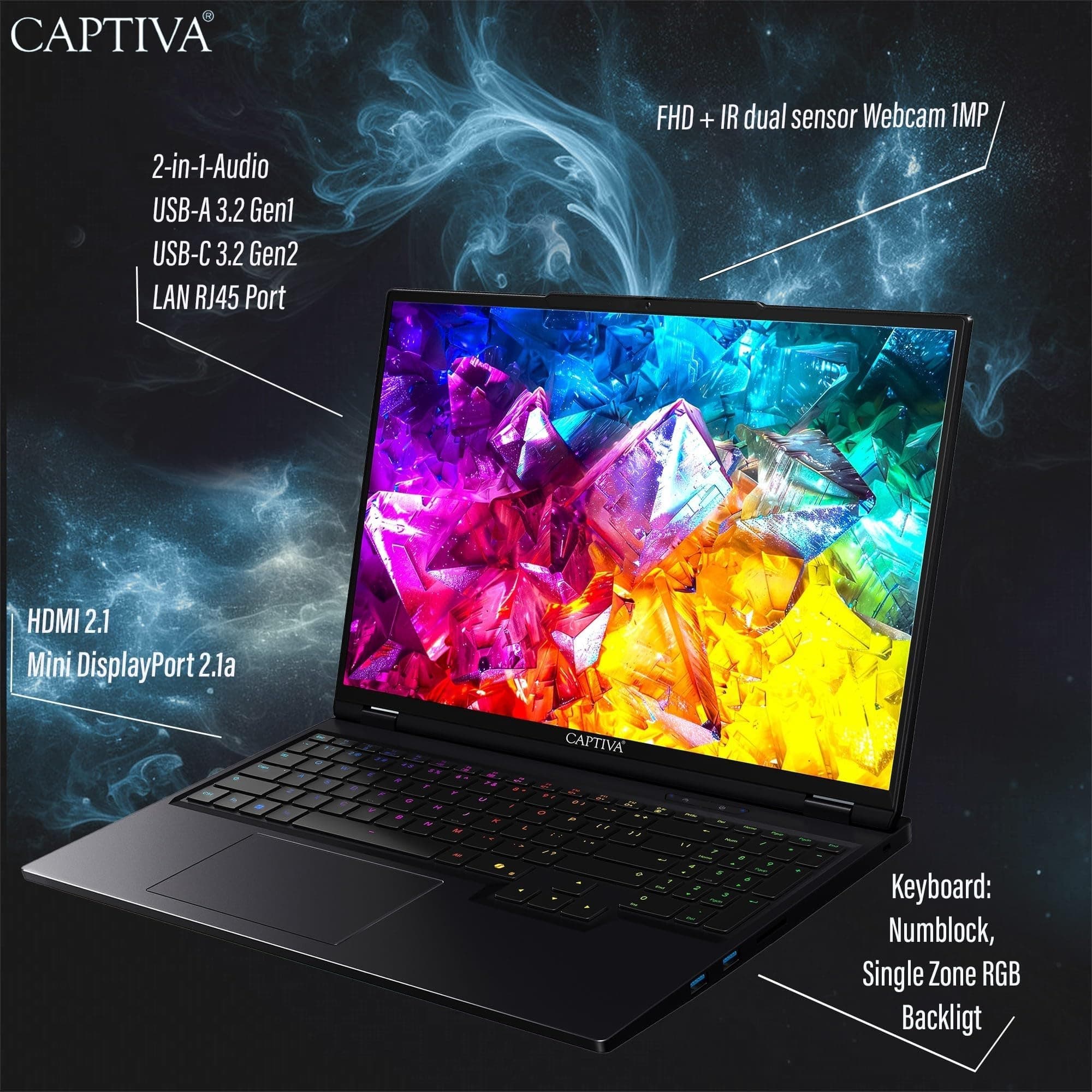 Captiva Notebook Highend Gaming R92-257 | AMD Ryzen 9 9955HX | 32GB DDR5 RAM | GeForce RTX 5080 16GB | 2 TB SSD | 16 Zoll WQXGA 300Hz | ohne OS Bild 5