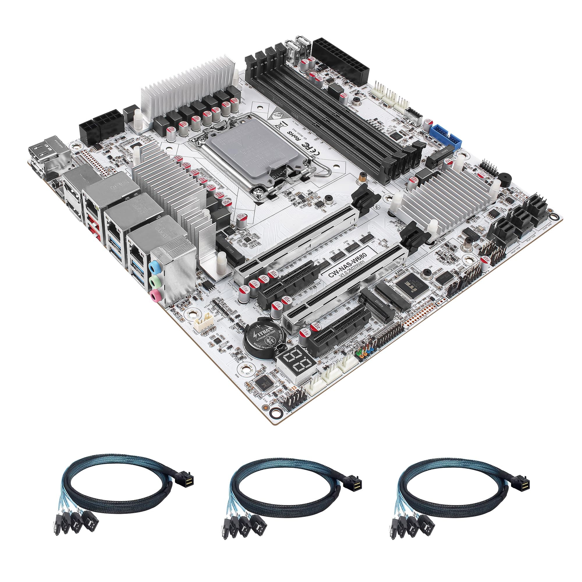 CWWK W680 NAS Motherboard Micro ATX 12 Bay, LGA 1700 mATX Weiß PC Mainboard mit 10GbE&2 * 2.5GbE LAN, 4 x DDR5 Desktop RAM (ECC), 3 x NVMe, PCIe5.0 x16, vPro (3X 4-SATA Cable) Bild 2