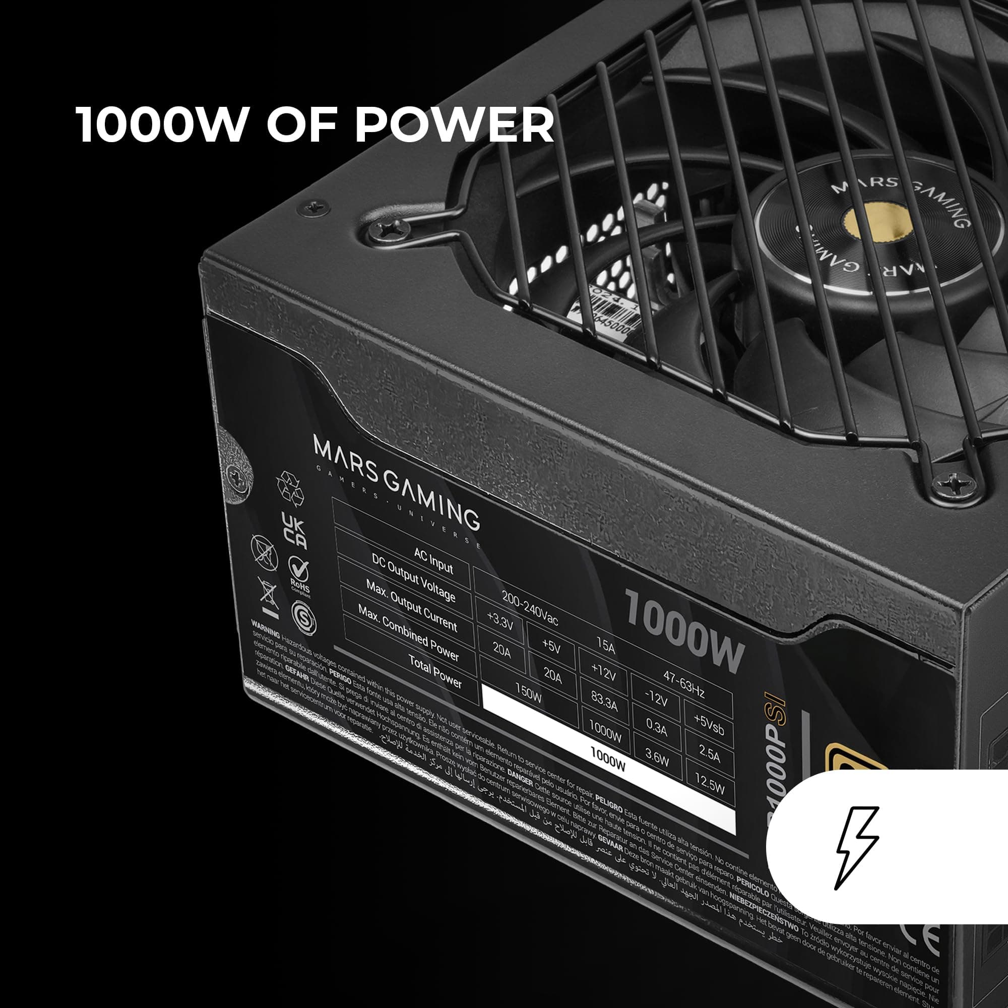 MARS GAMING MPB1000PSI, Vollmodulares ATX-Netzteil 1000W, 10 Jahre Garantie, 80Plus Gold 90%, SI-Lüfter 140mm, AI2-RPM, DC-DC und SMD Technologien, ATX 3.1 und PCIe 5.1 mit 12V 2x6 Anschluss, Schwarz Bild 3